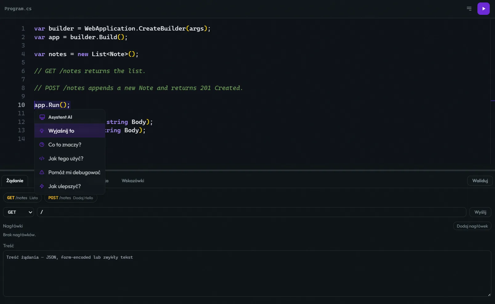 Context-aware AI actions on the code