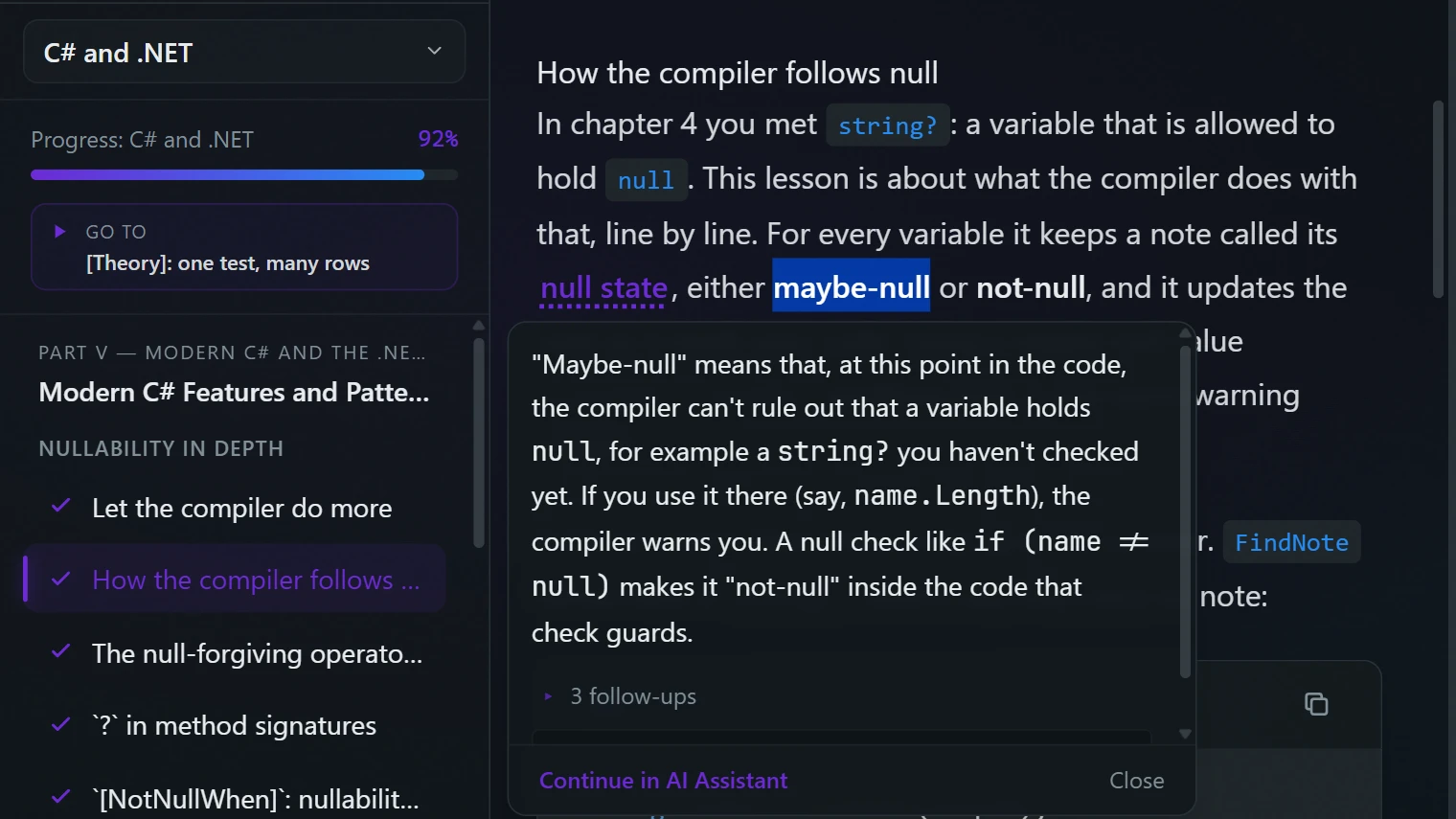 A selected fragment of a lesson and the AI tutor's answer right next to it, without leaving the lesson.