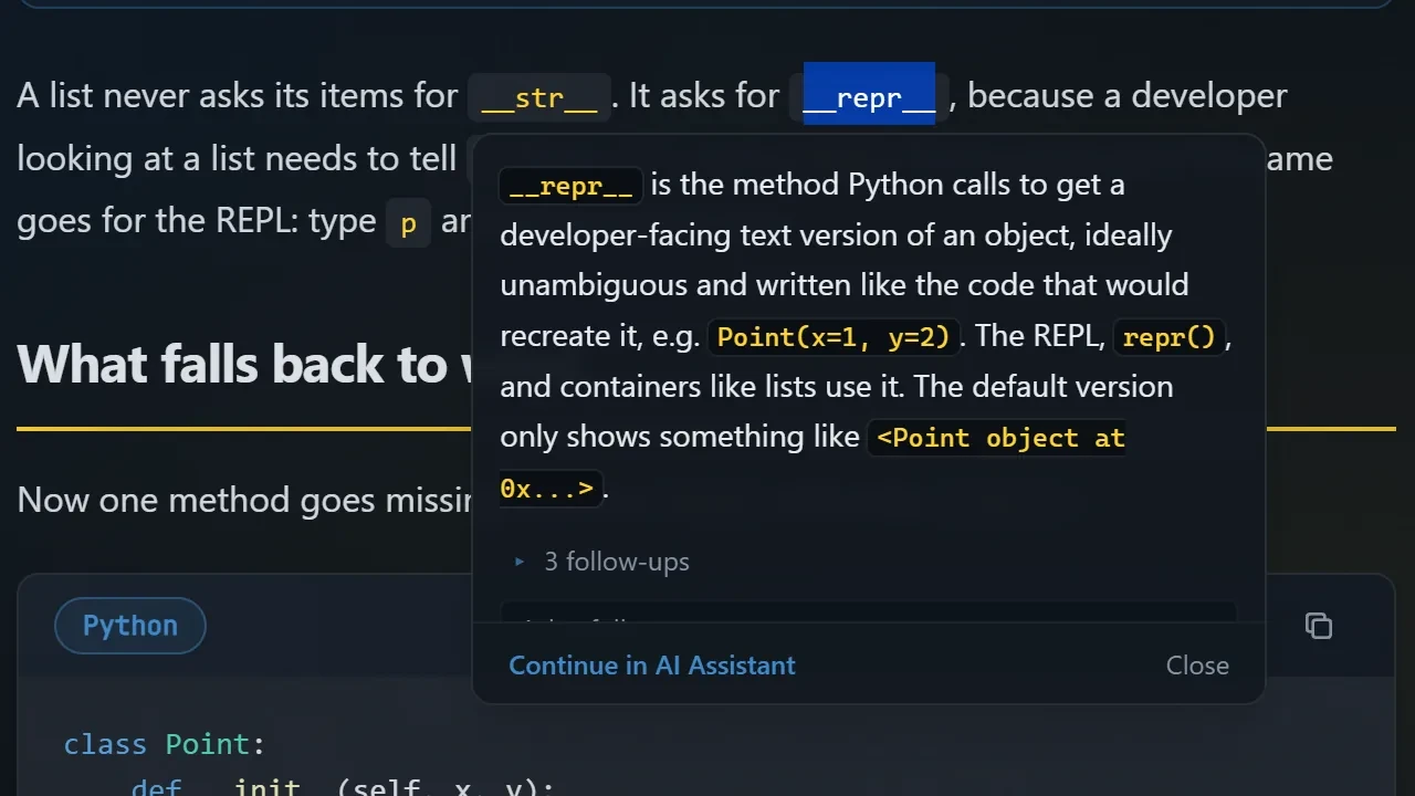 The tutor's answer next to a selected fragment of a Python lesson