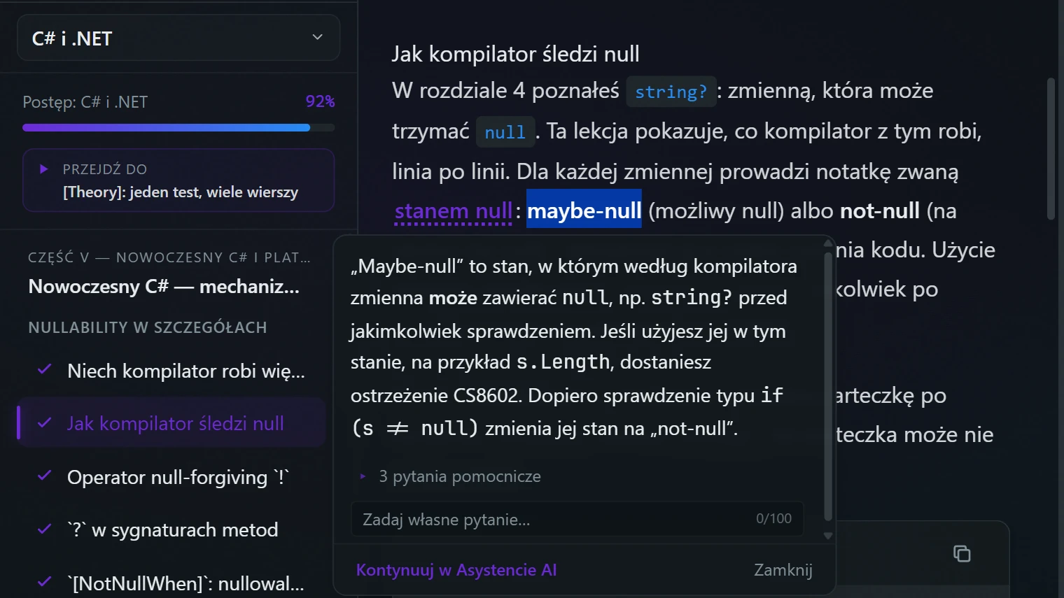 Zaznaczony fragment lekcji i odpowiedź tutora AI tuż obok, bez wychodzenia z lekcji.