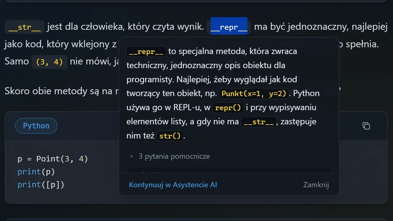 Odpowiedź tutora obok zaznaczonego fragmentu lekcji Pythona