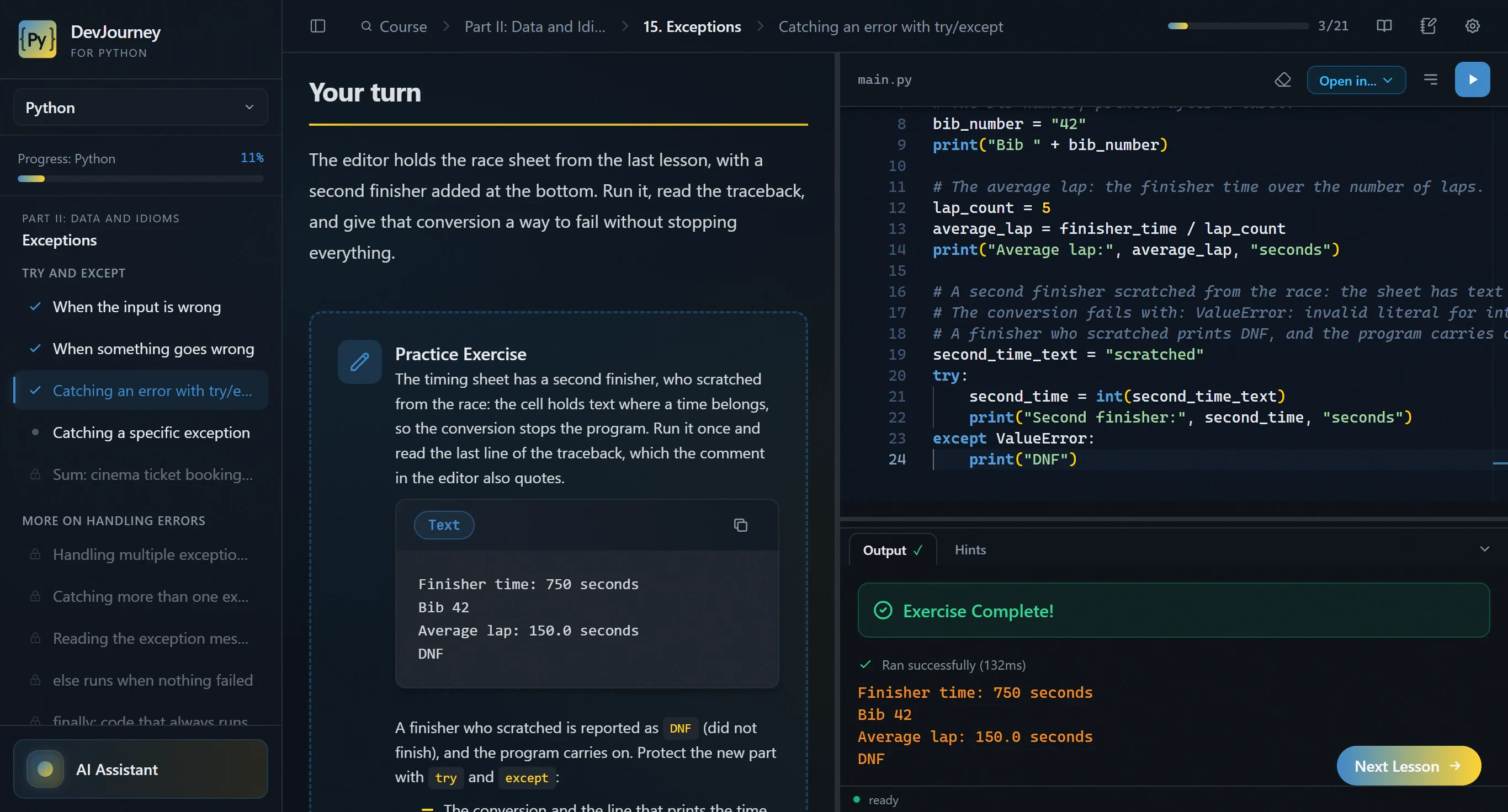 The DevJourney for Python window: the course switcher and curriculum on the left, the lesson in the middle, the editor and output on the right