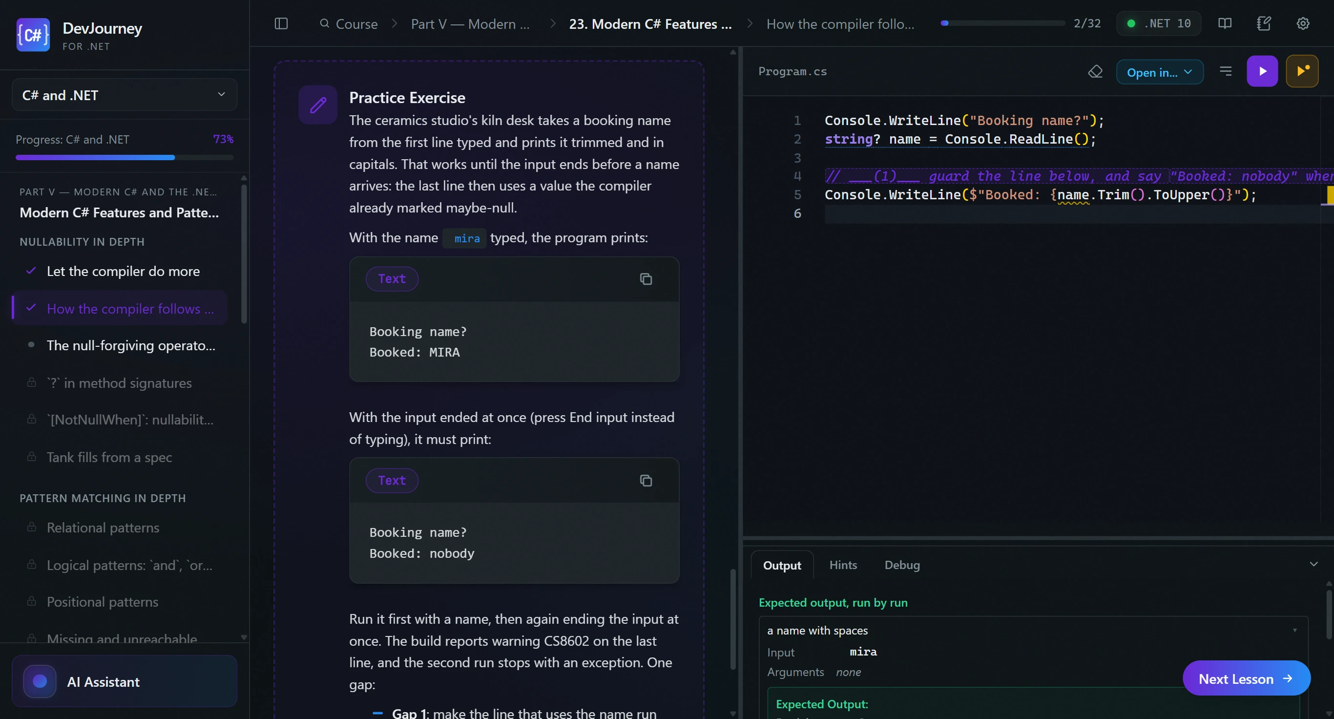 DevJourney for .NET screenshot: the course navigator, a lesson, the C# code editor with its output panel, and the AI tutor.