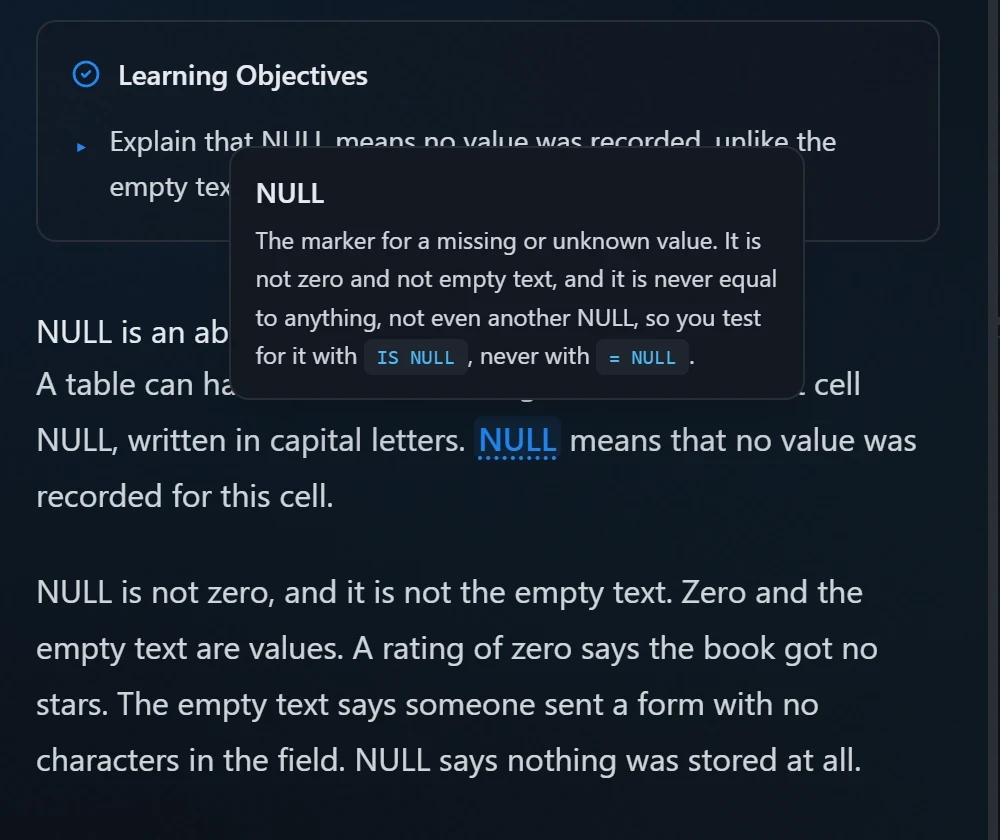 A glossary definition on hover over a word in the lesson text