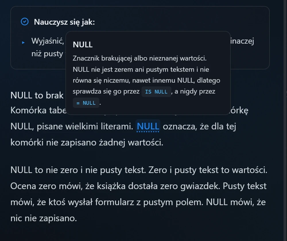 Definicja ze słowniczka po najechaniu na słowo w tekście lekcji