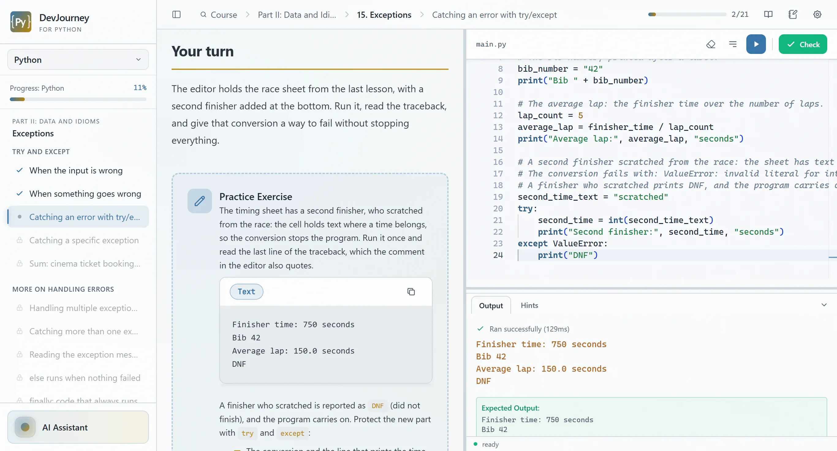 DevJourney for Python: a Python lesson next to the editor, with the program's output underneath