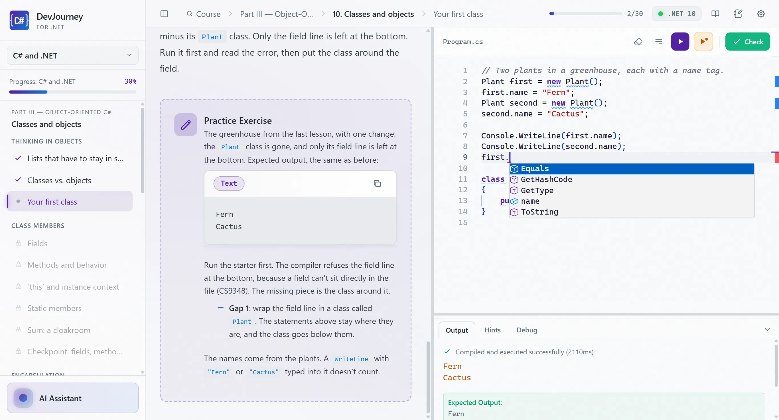 DevJourney for .NET on Windows: the course navigator on the left, the lesson in the middle and the C# code editor on the right.