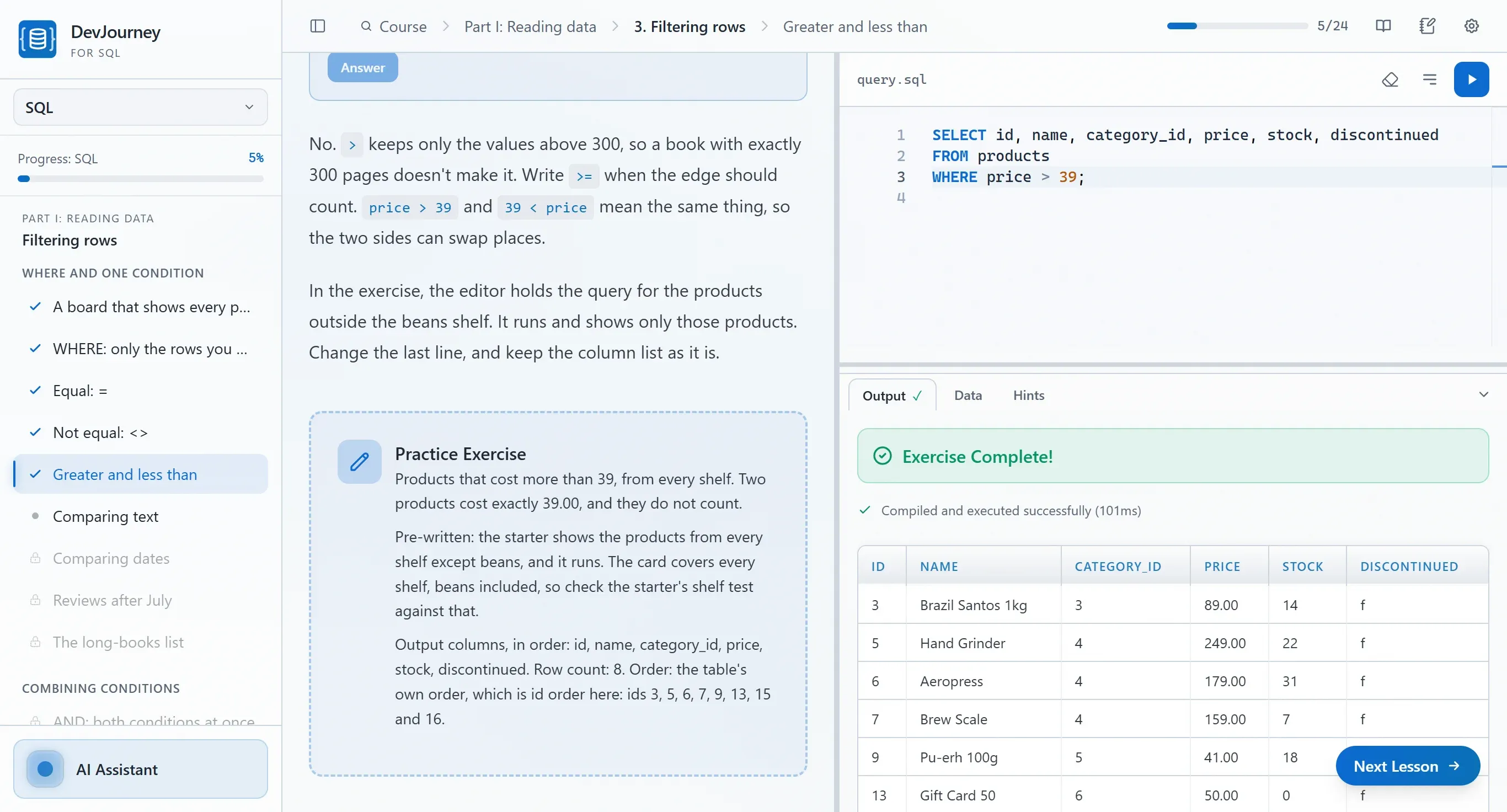 DevJourney for SQL: a SQL lesson beside an editor with a query, and the result from the PostgreSQL database below it