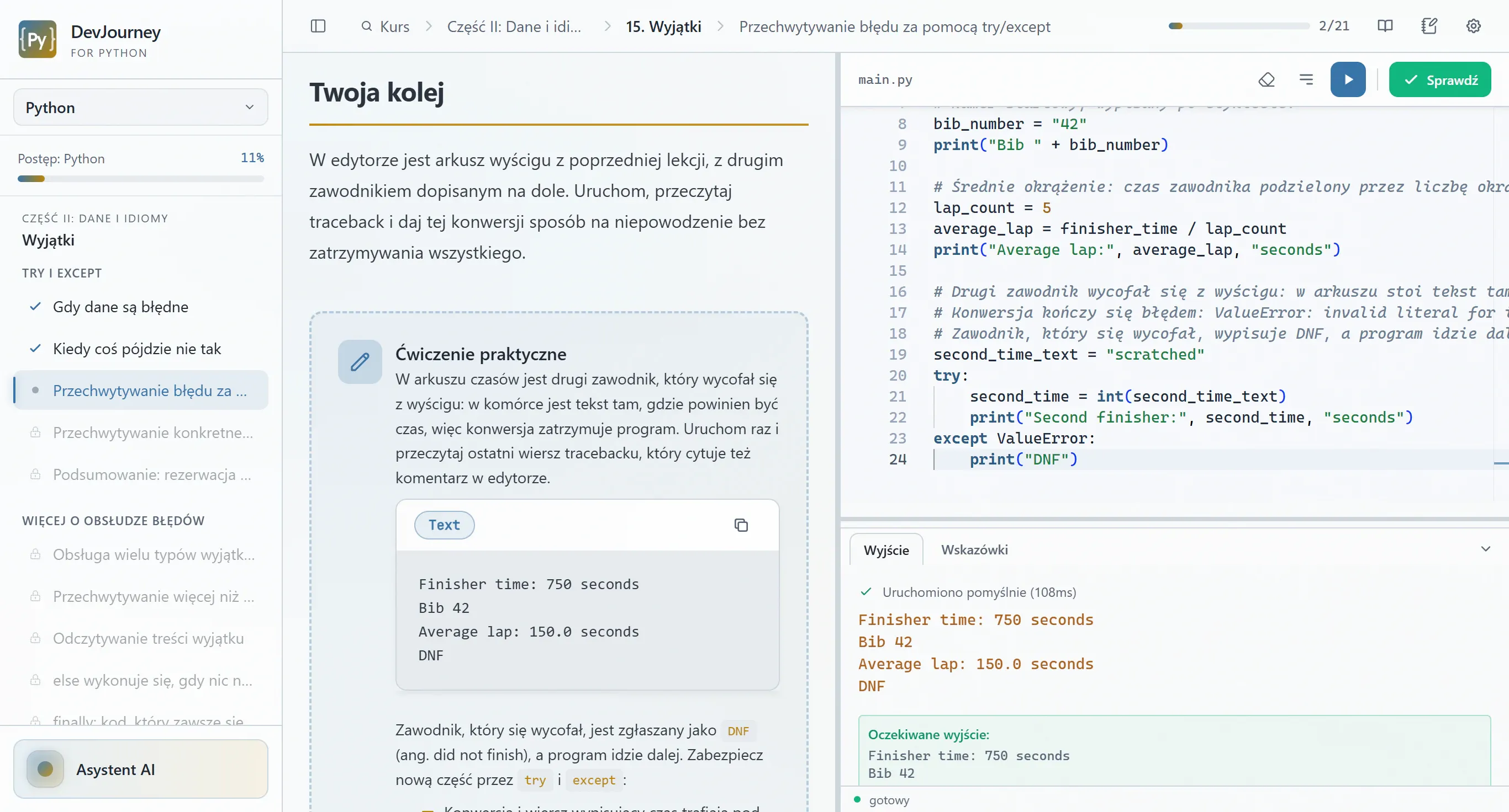 DevJourney for Python: lekcja Pythona obok edytora, a pod nim wynik programu