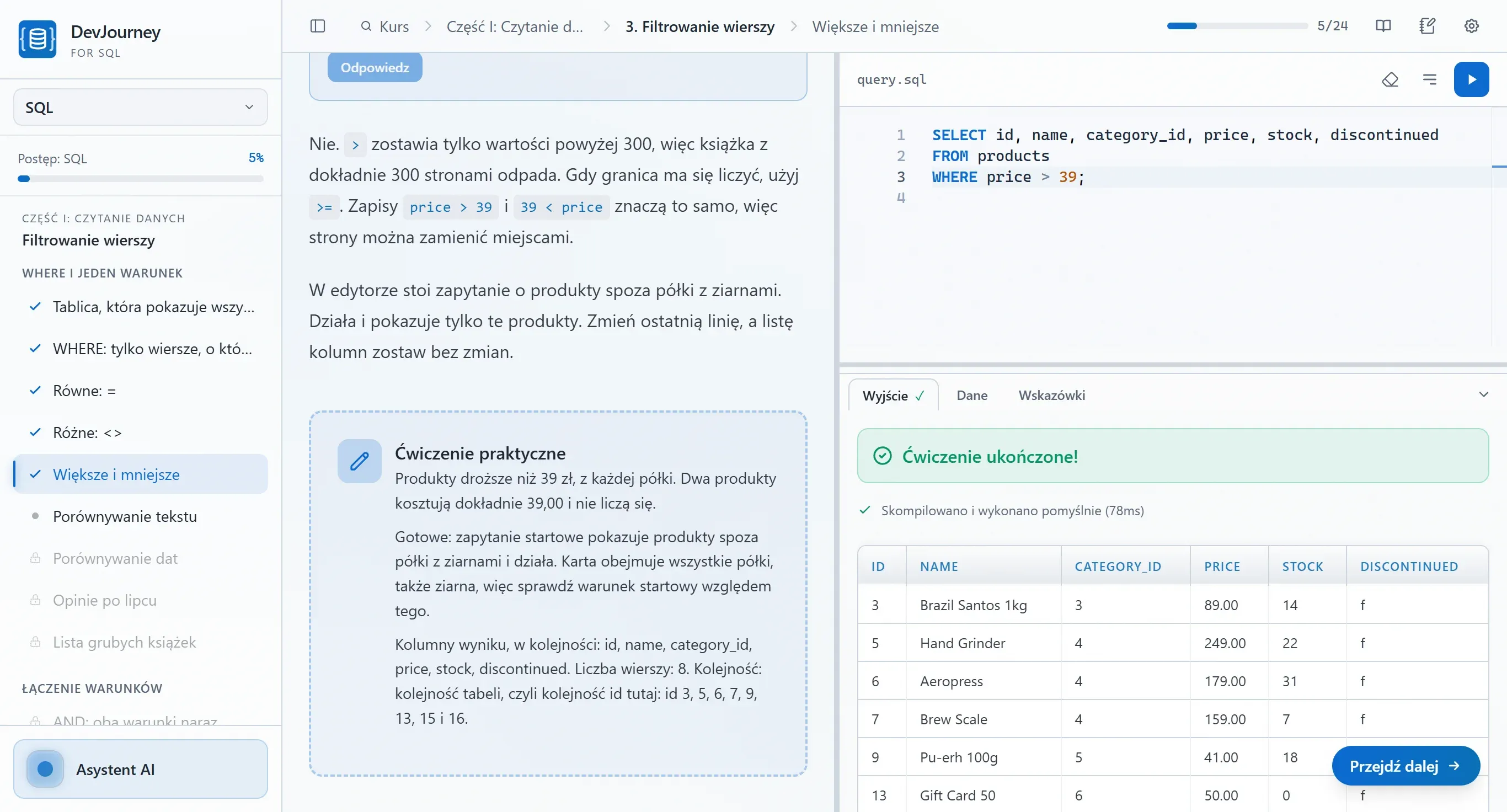 DevJourney for SQL: lekcja SQL obok edytora z zapytaniem, a pod nim wynik z bazy PostgreSQL