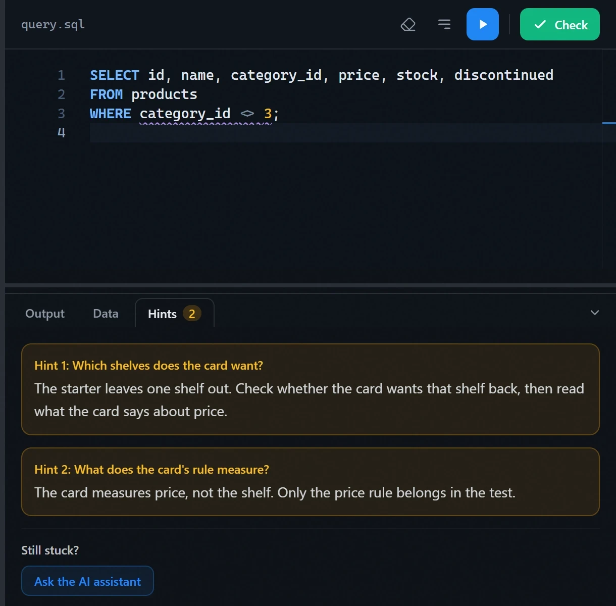 The hint ladder in a SQL lesson
