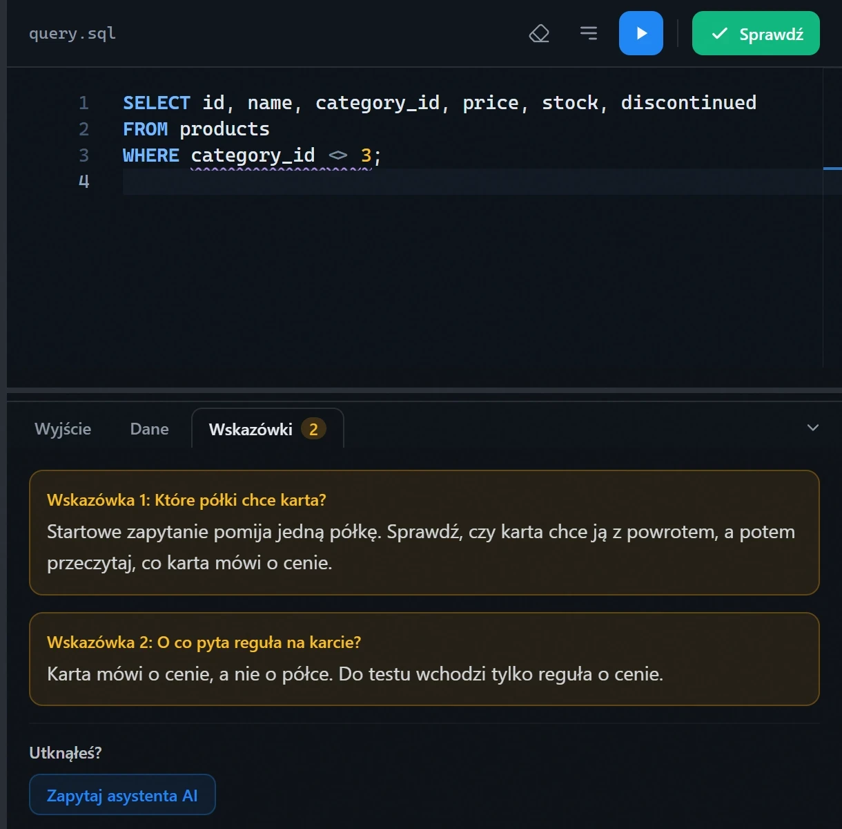 Drabinka podpowiedzi w lekcji SQL