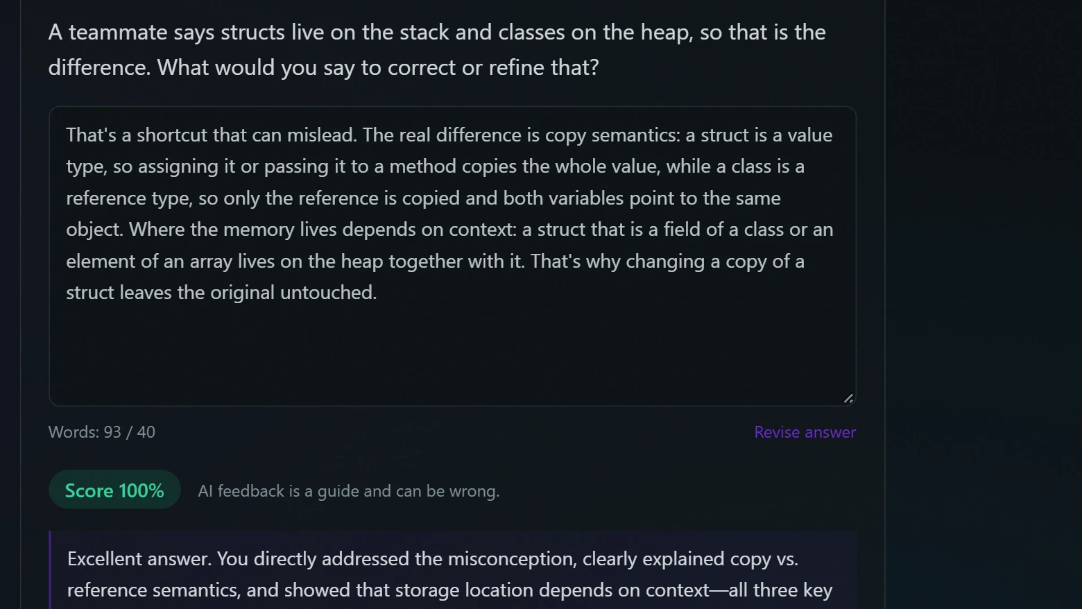 An answer to an open question, with the AI tutor's grade and the points it missed.