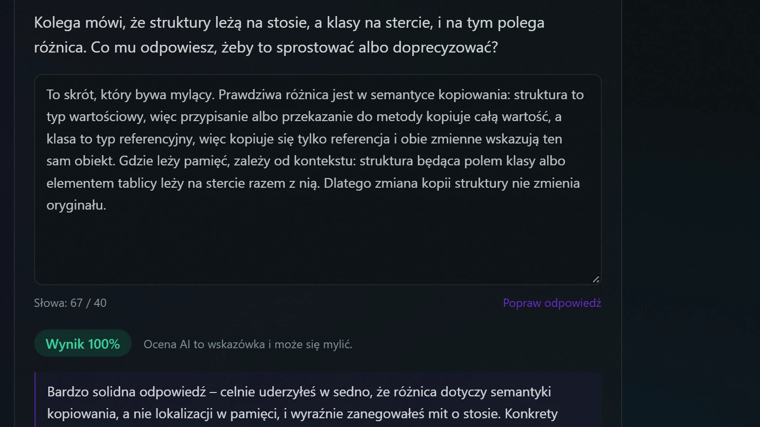 Odpowiedź na pytanie otwarte z oceną tutora AI i listą brakujących punktów.