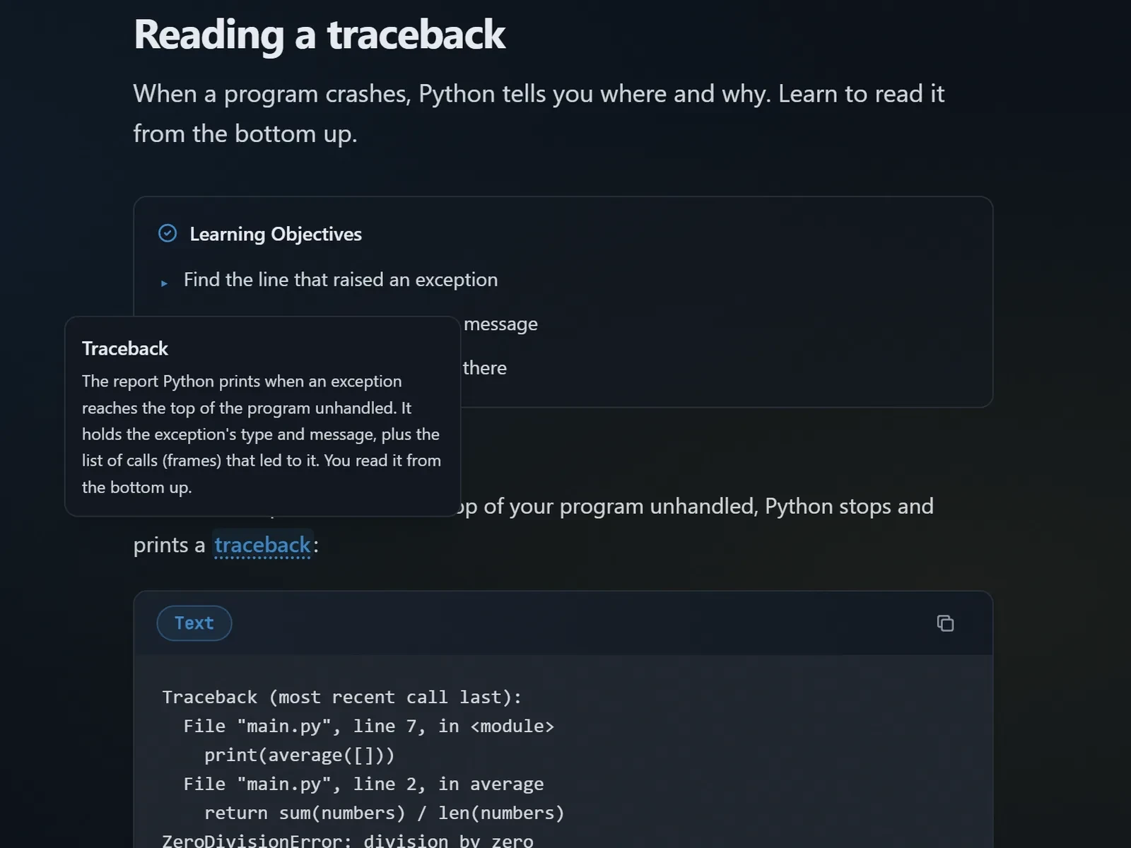A glossary definition shown on hover in the lesson text