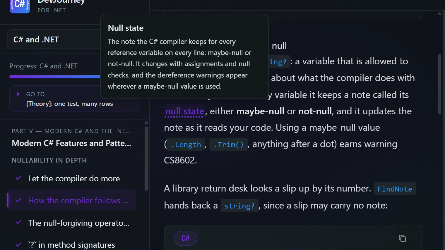 A glossary definition, shown on hovering a term in the lesson text.