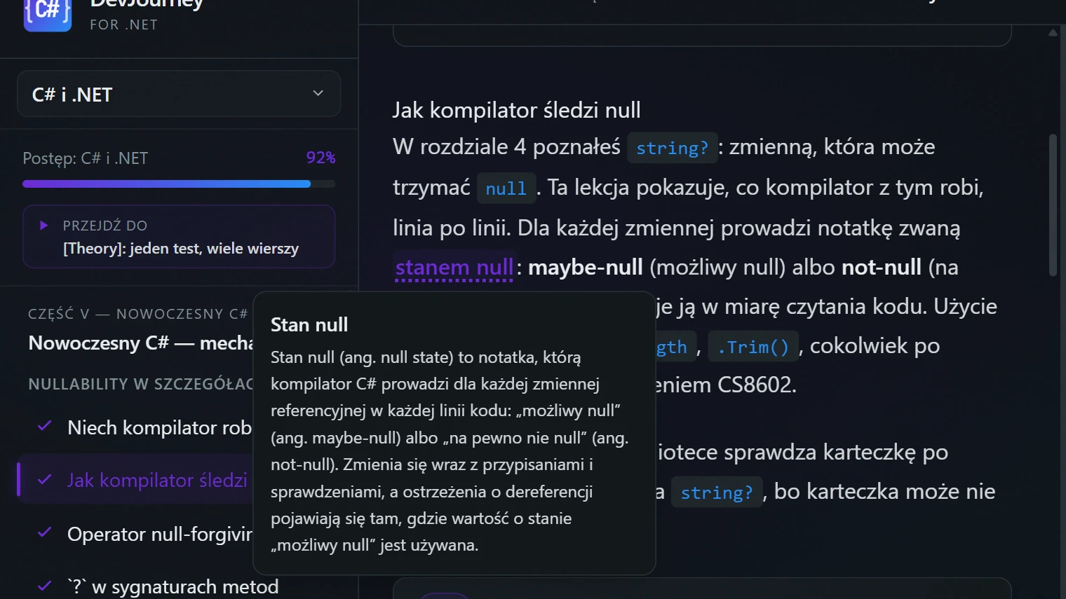 Definicja z glosariusza po najechaniu na termin w treści lekcji.