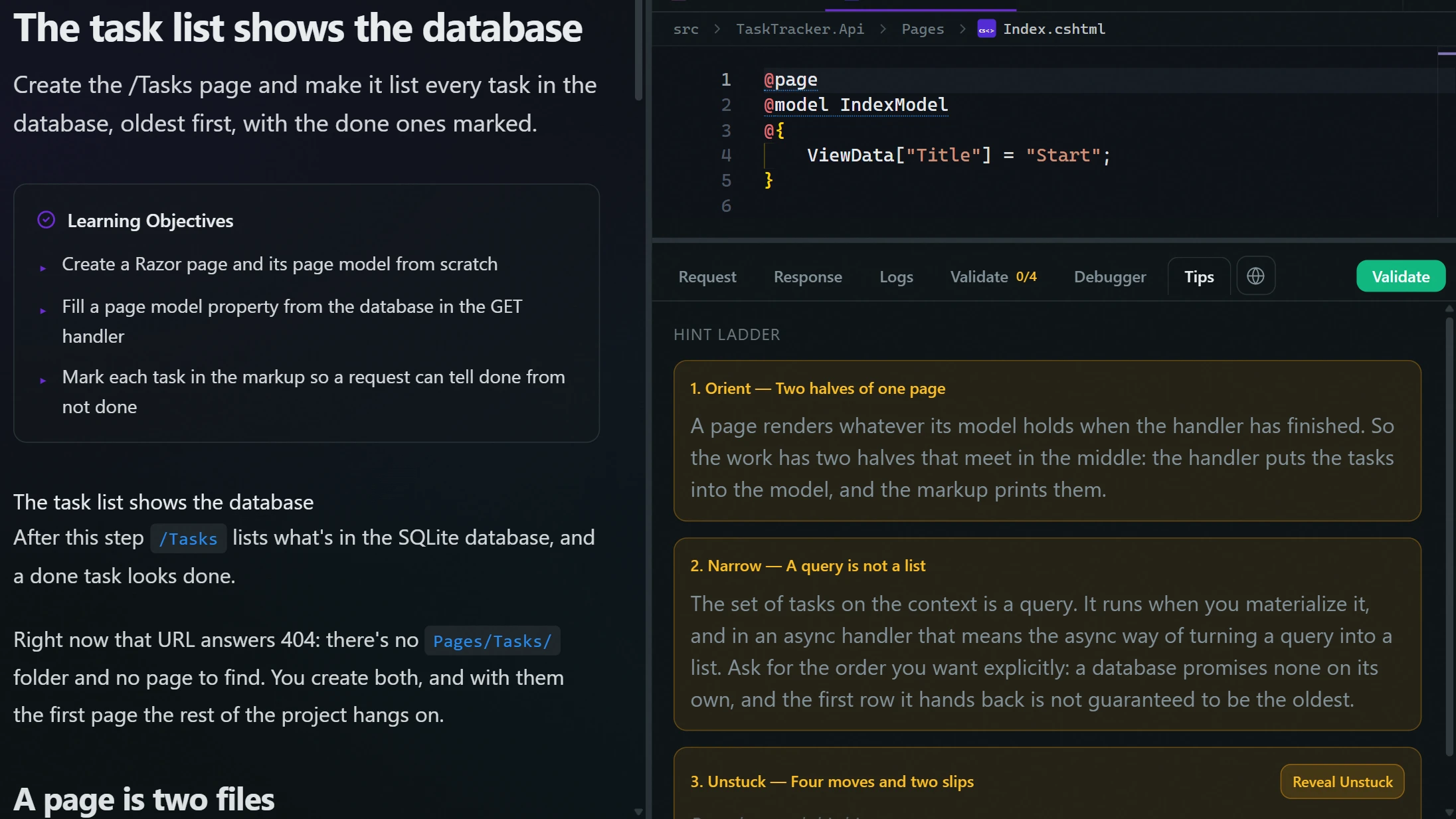 The hint ladder in a project step: you reveal the hints one at a time.