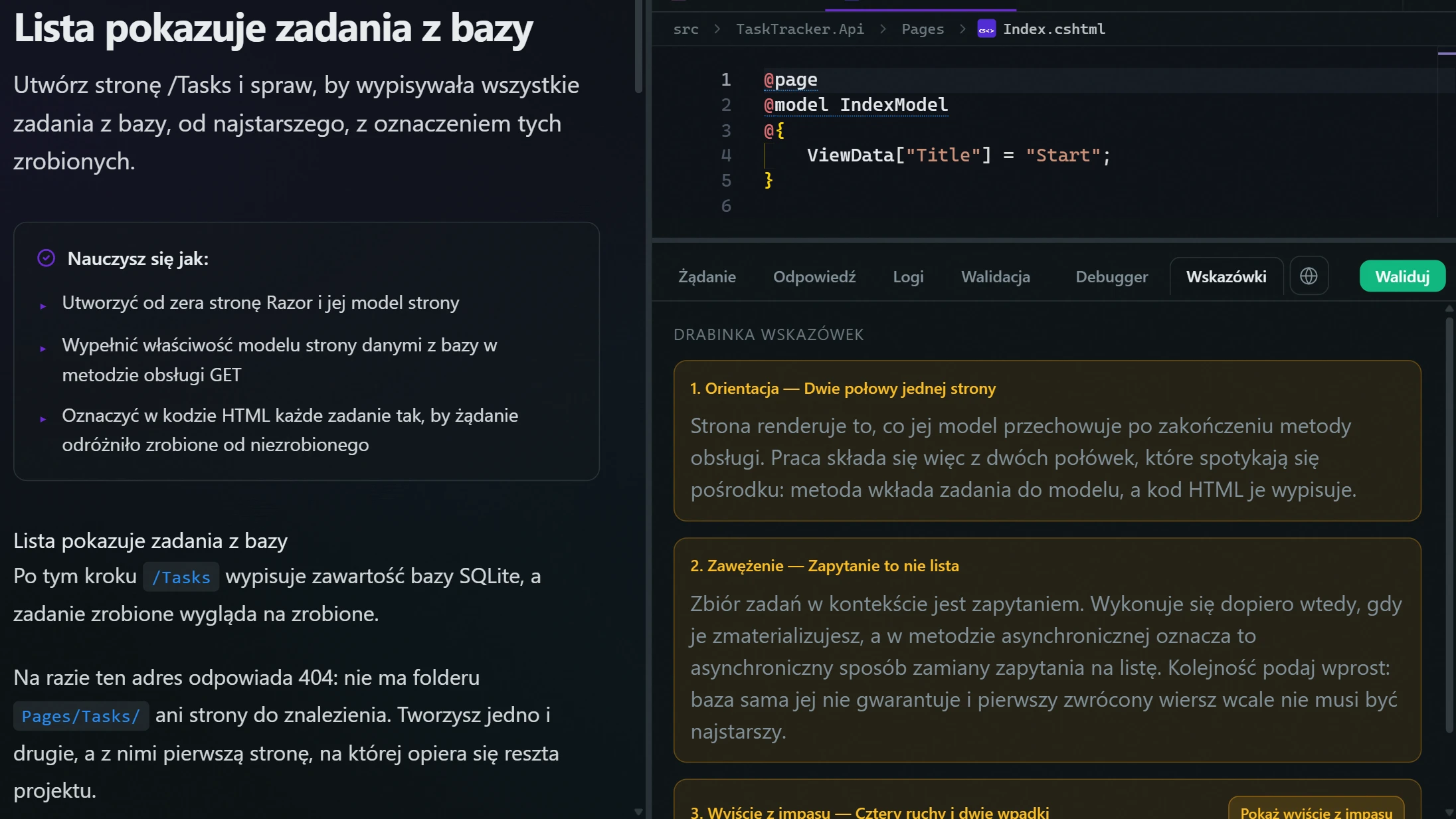 Drabinka podpowiedzi w kroku projektu: kolejne podpowiedzi odsłaniasz po jednej.