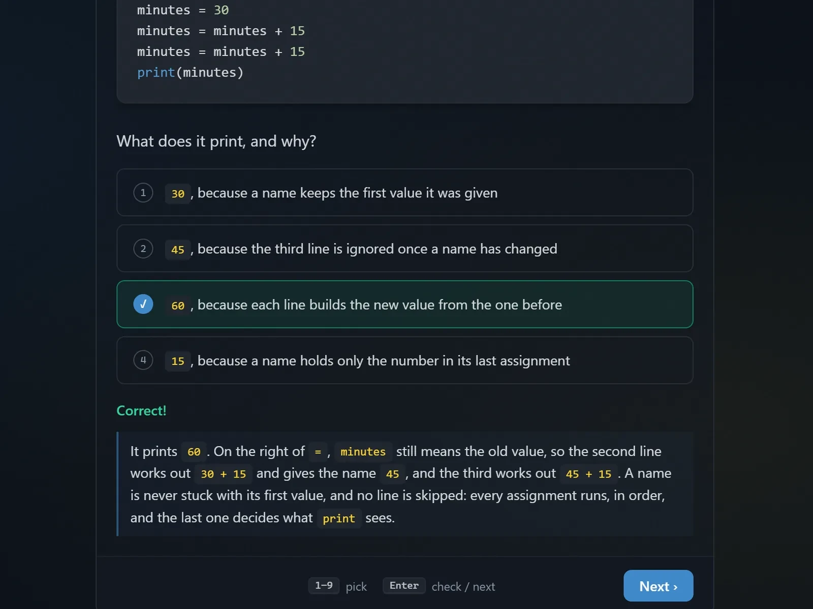 A quiz question answered, with its explanation