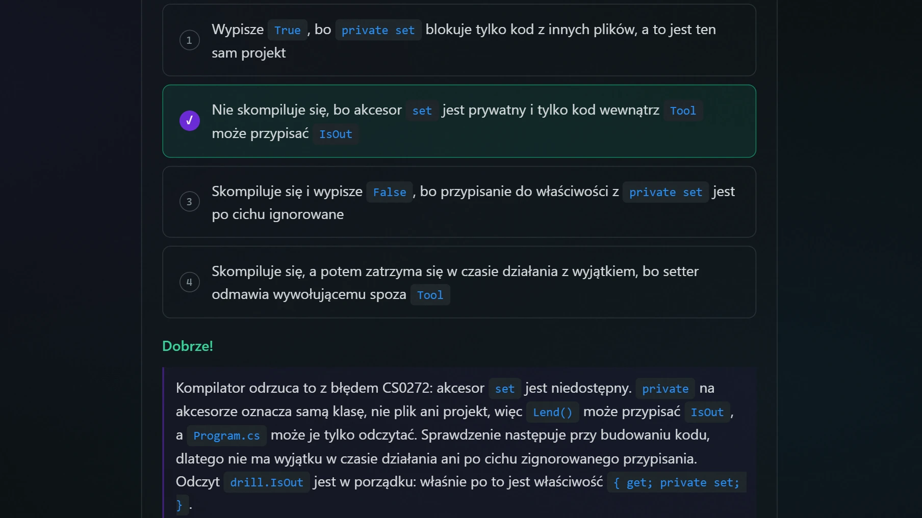 Quiz na koniec rozdziału: odpowiedź sprawdzona od razu, z wyjaśnieniem.