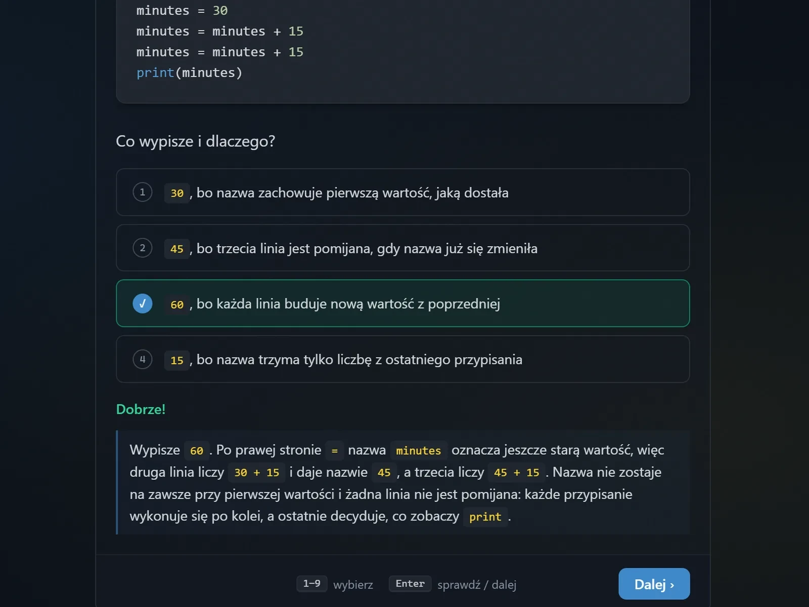 Pytanie quizu z udzieloną odpowiedzią i wyjaśnieniem