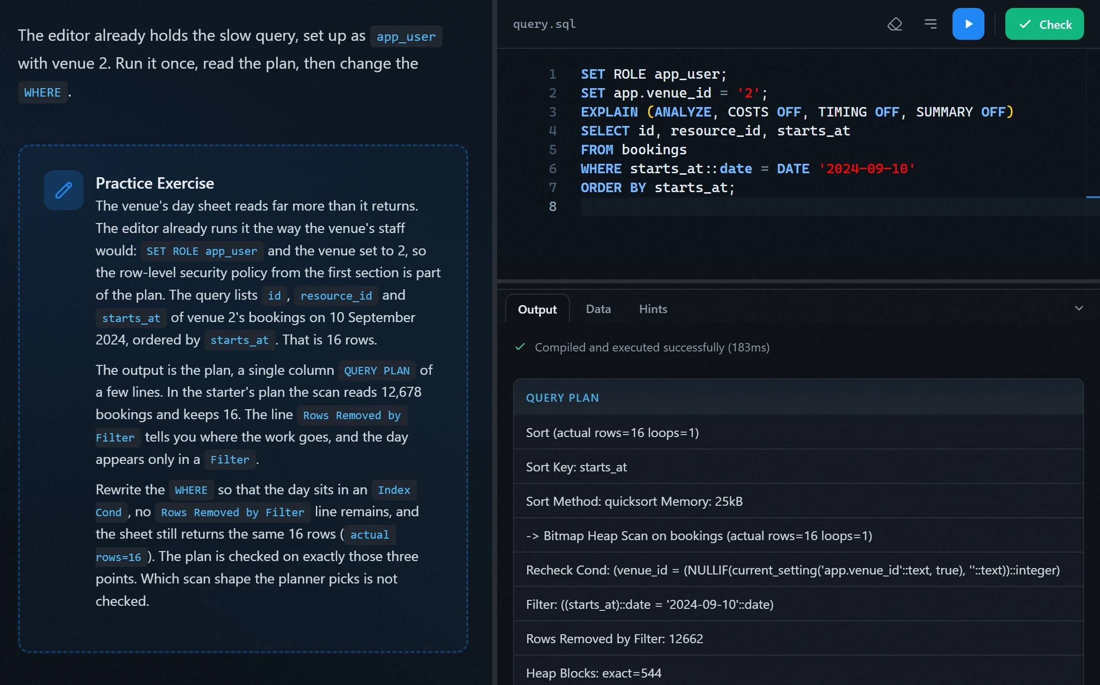 A project step with the bookings platform in the PostgreSQL course