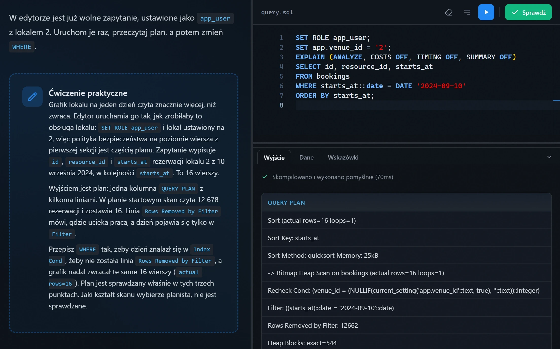 Krok projektu z systemem rezerwacji w kursie PostgreSQL