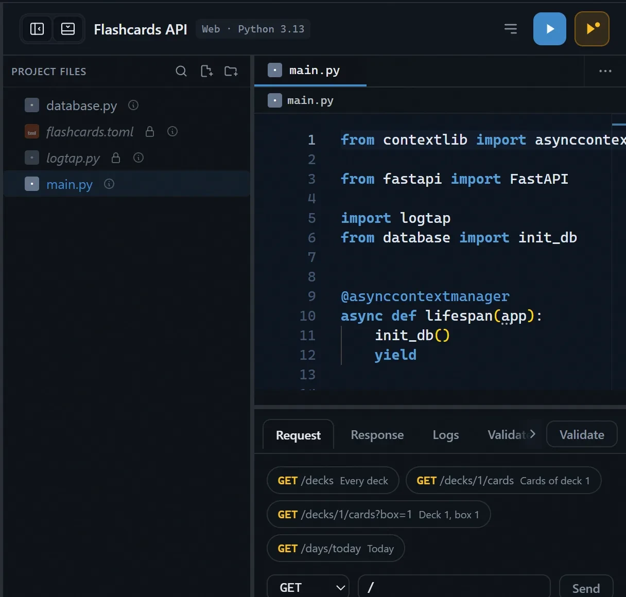 A step of the FastAPI flashcards project, with the project's files in the explorer