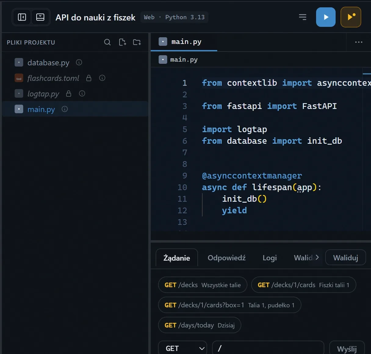 Krok projektu z fiszkami w FastAPI, z plikami projektu w eksploratorze