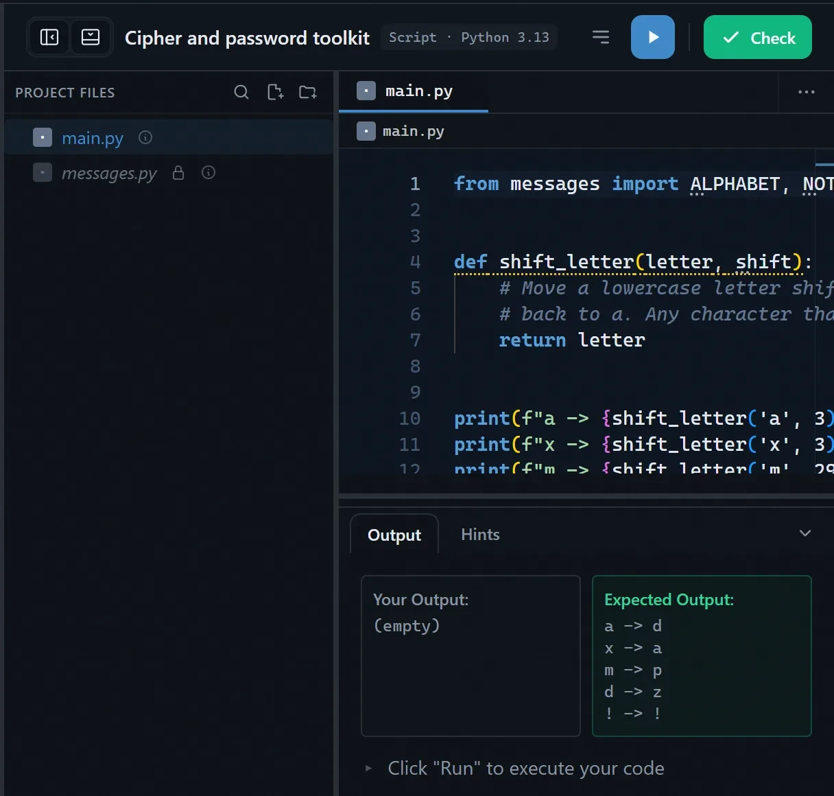 A project step in the Python course, with the project's files in the explorer