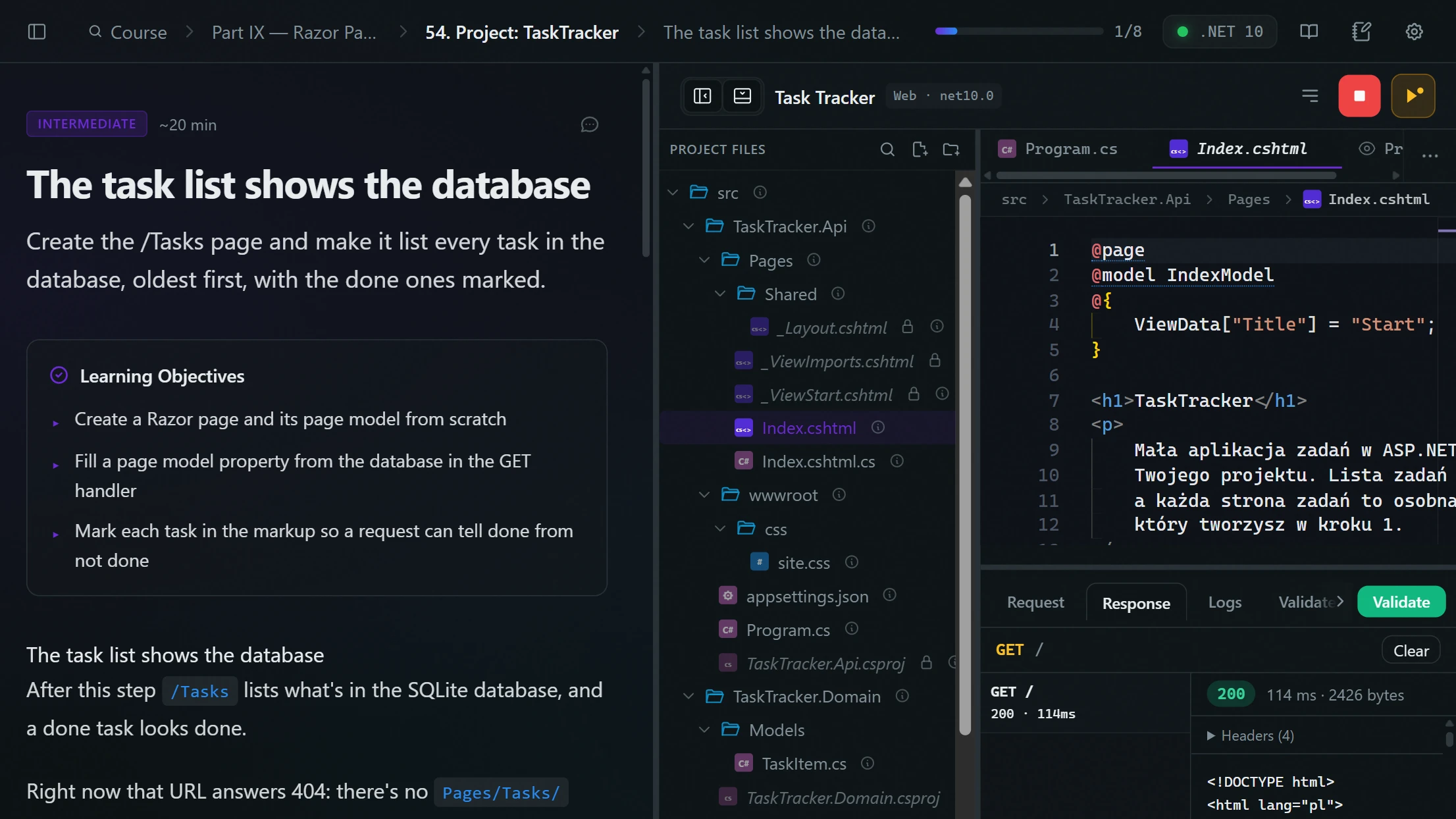 The TaskTracker project: a multi-project solution in the explorer and a Razor page in the editor.