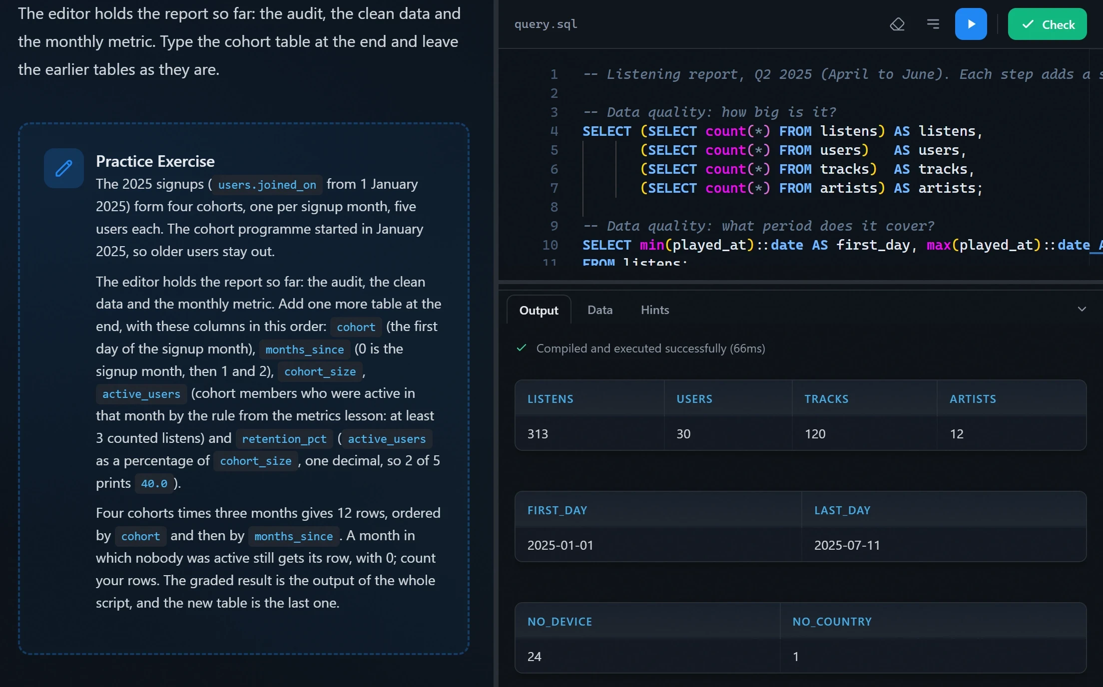 A project step with the listening report in the SQL course