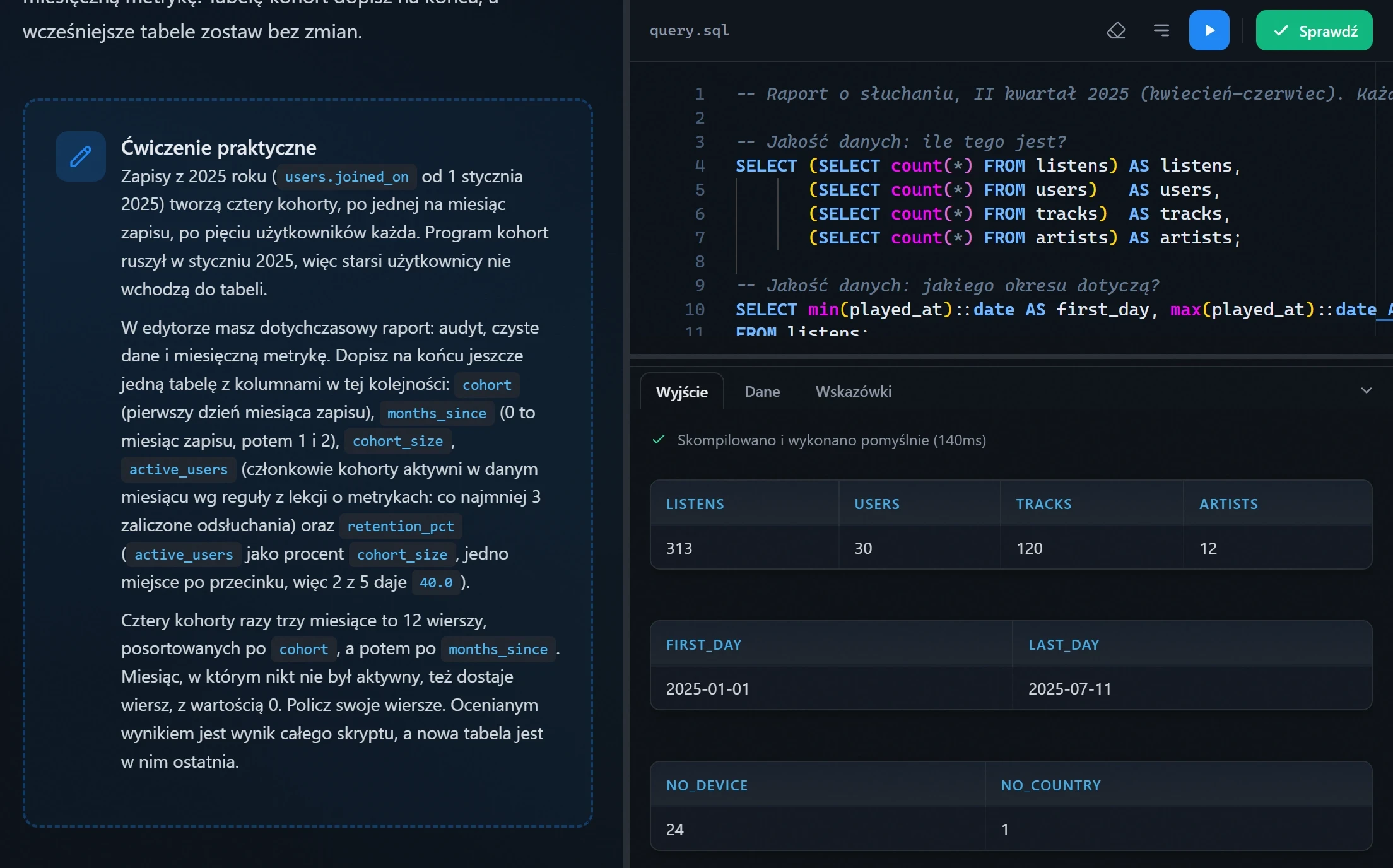 Krok projektu z raportem słuchalności w kursie SQL