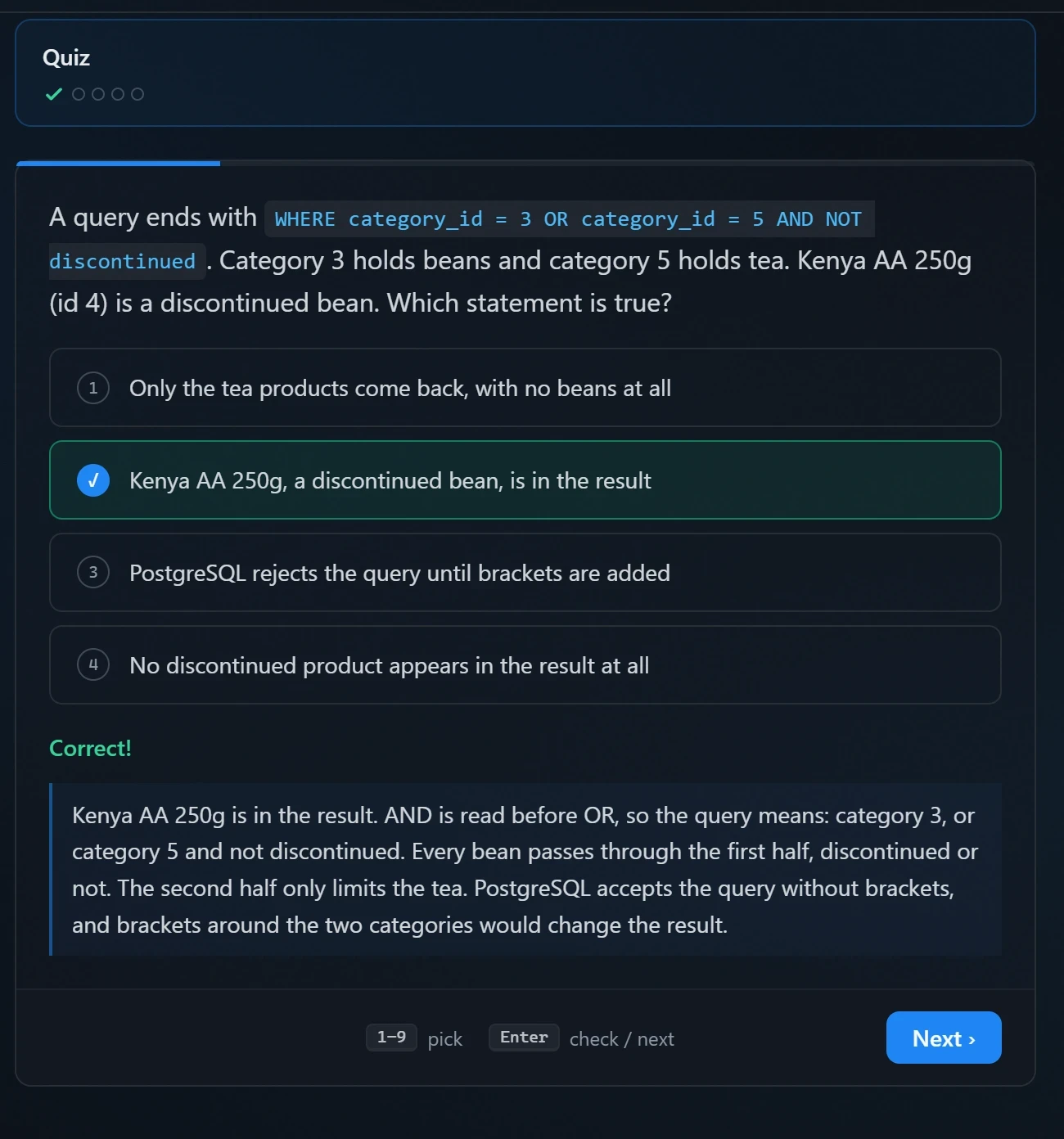 A quiz question with an answer and its explanation