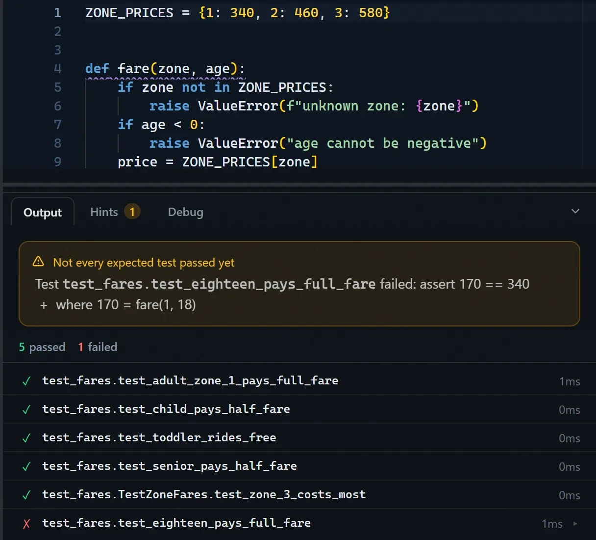 The pytest report in the app, with passing tests and one failure with its message