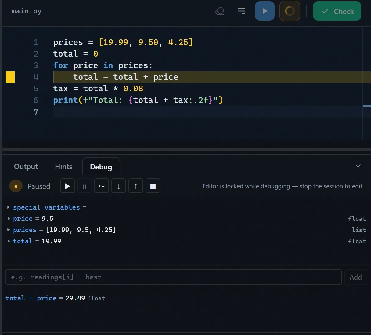 The debugger paused on a breakpoint, with the local variables and a watch