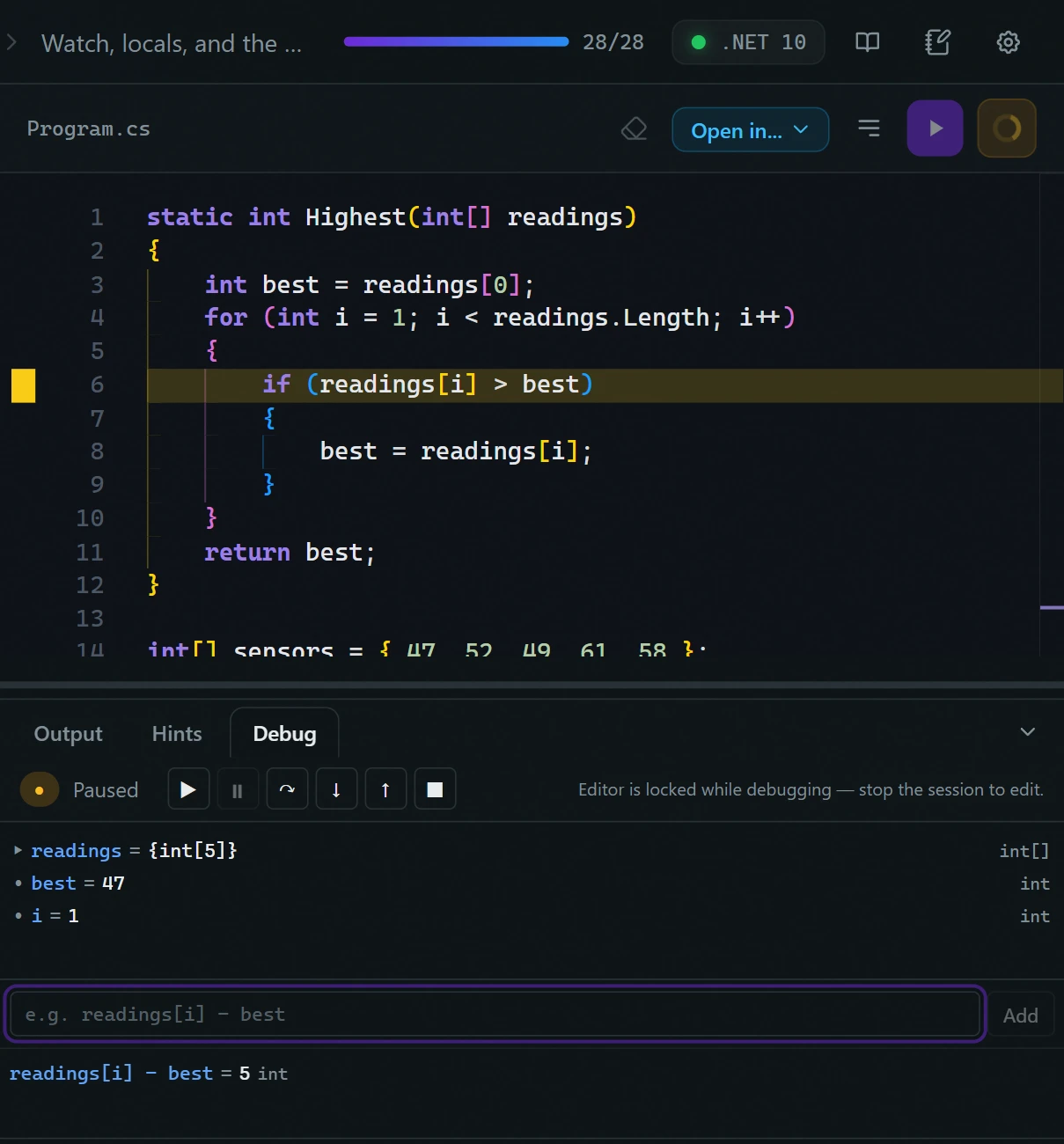 The DevJourney for .NET debugger paused on a breakpoint: the highlighted line in the editor and the Debug tab with its toolbar, locals and call stack.