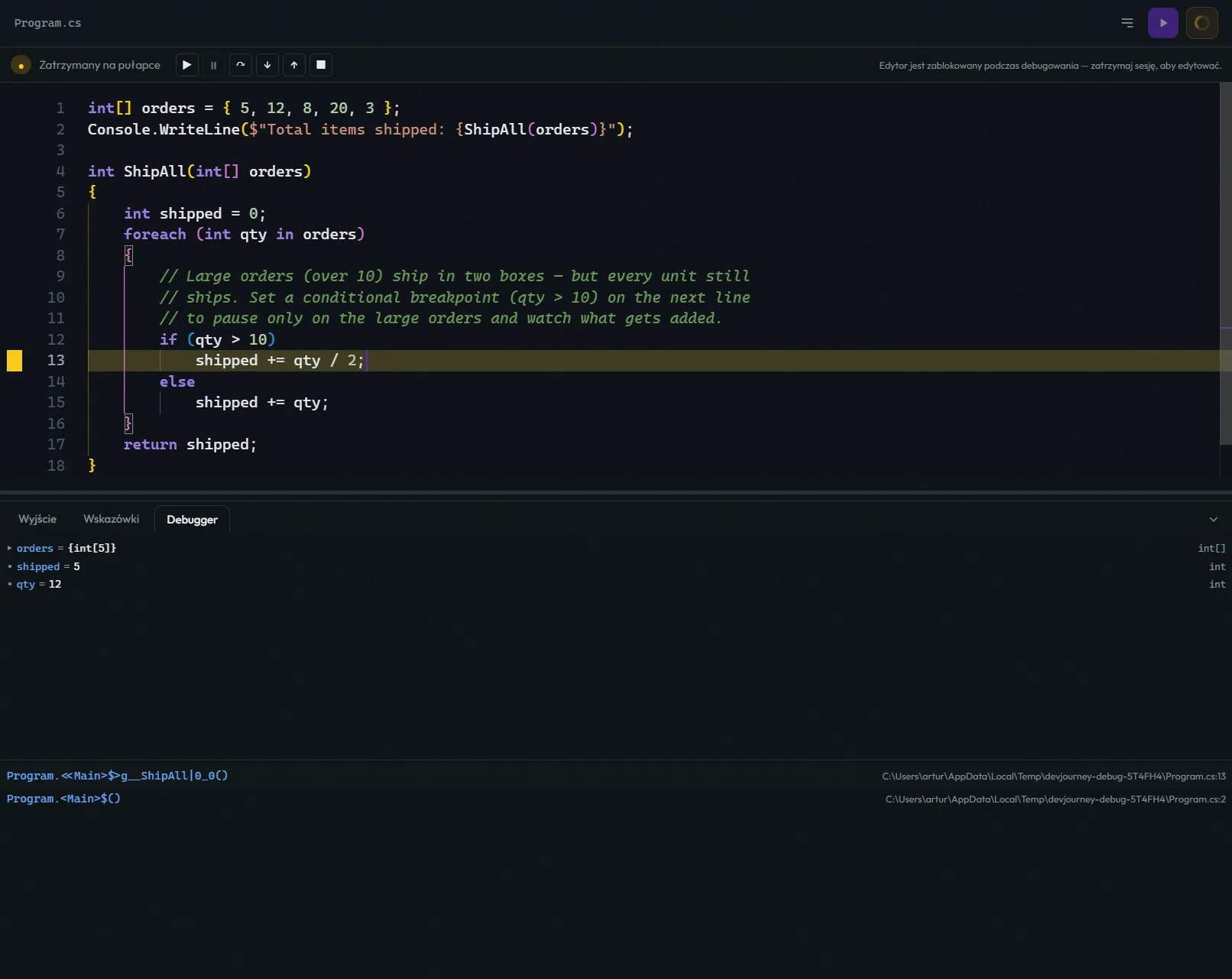 Step debugger paused at a breakpoint with locals