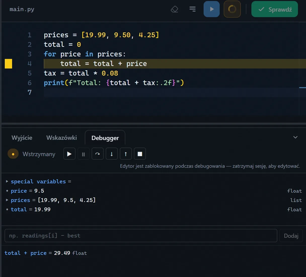 Debugger zatrzymany na pułapce, ze zmiennymi lokalnymi i obserwowanym wyrażeniem