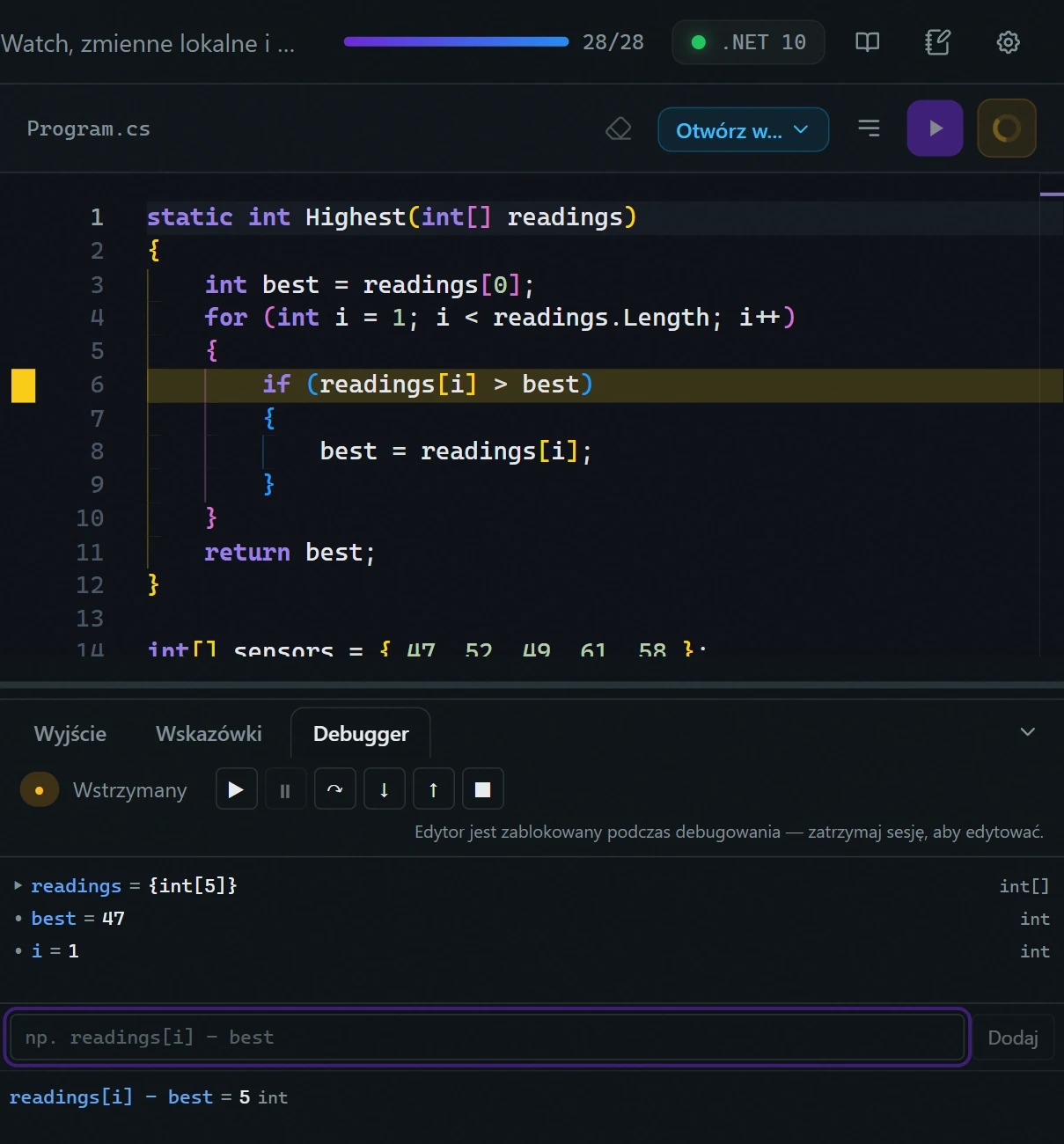 Debugger w DevJourney for .NET zatrzymany na breakpoincie: podświetlona linia w edytorze i karta Debug z paskiem narzędzi, zmiennymi lokalnymi i stosem wywołań.