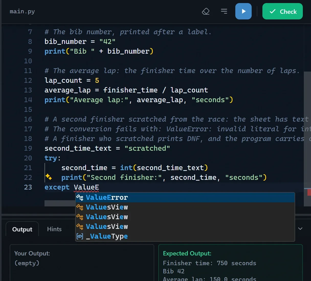 The lesson editor with basedpyright's information shown for the code under the cursor