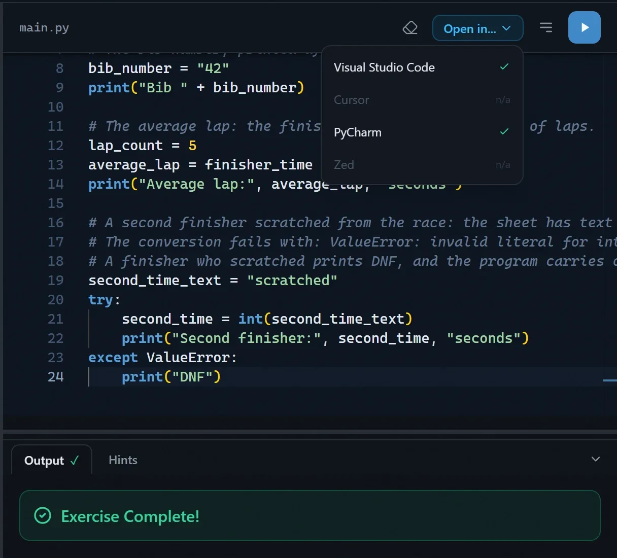 The Open in IDE menu with the editors the app found on the computer