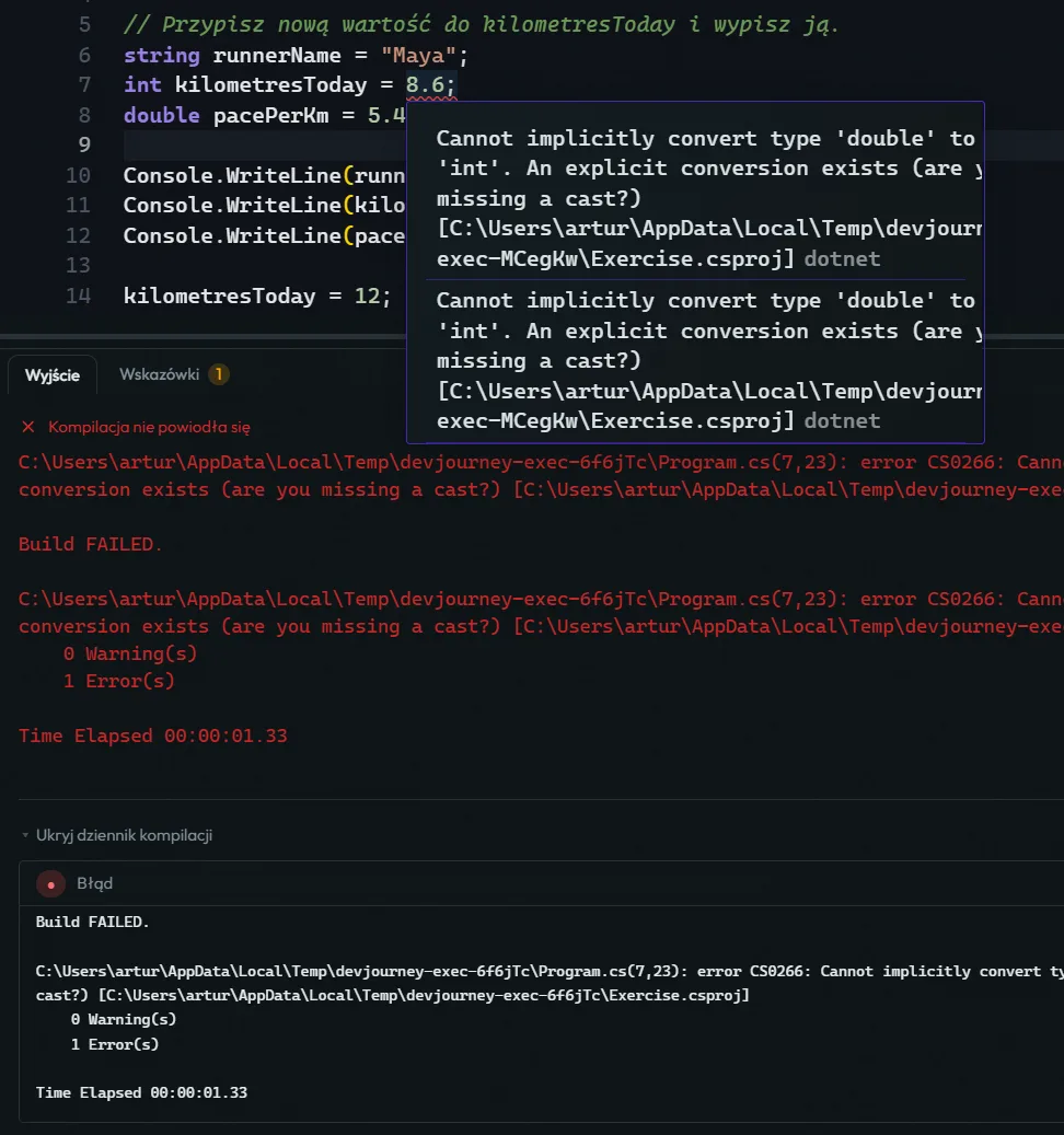 Compiler output after running the code