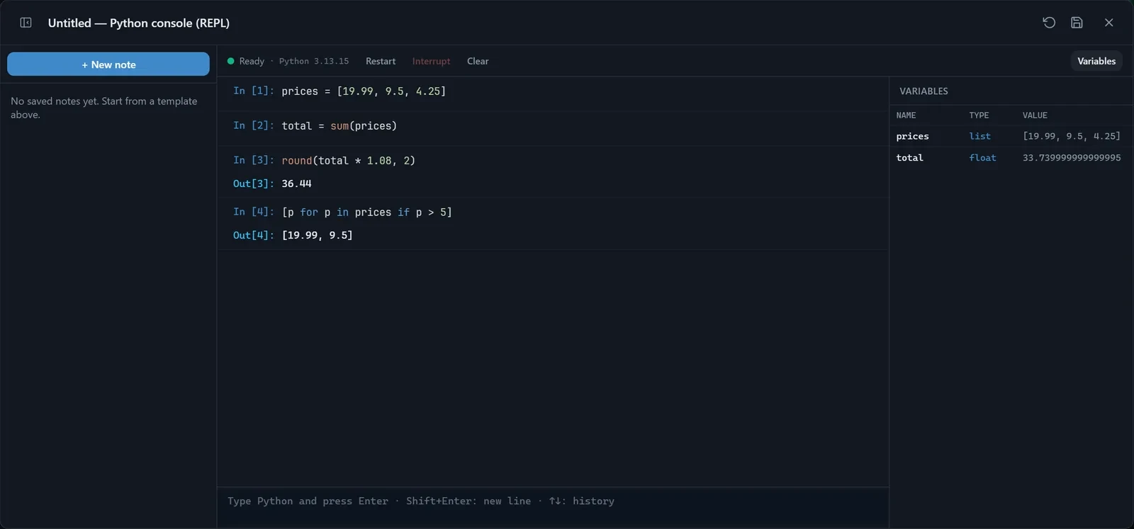 The Python console in the scratchpad, with a few evaluated lines
