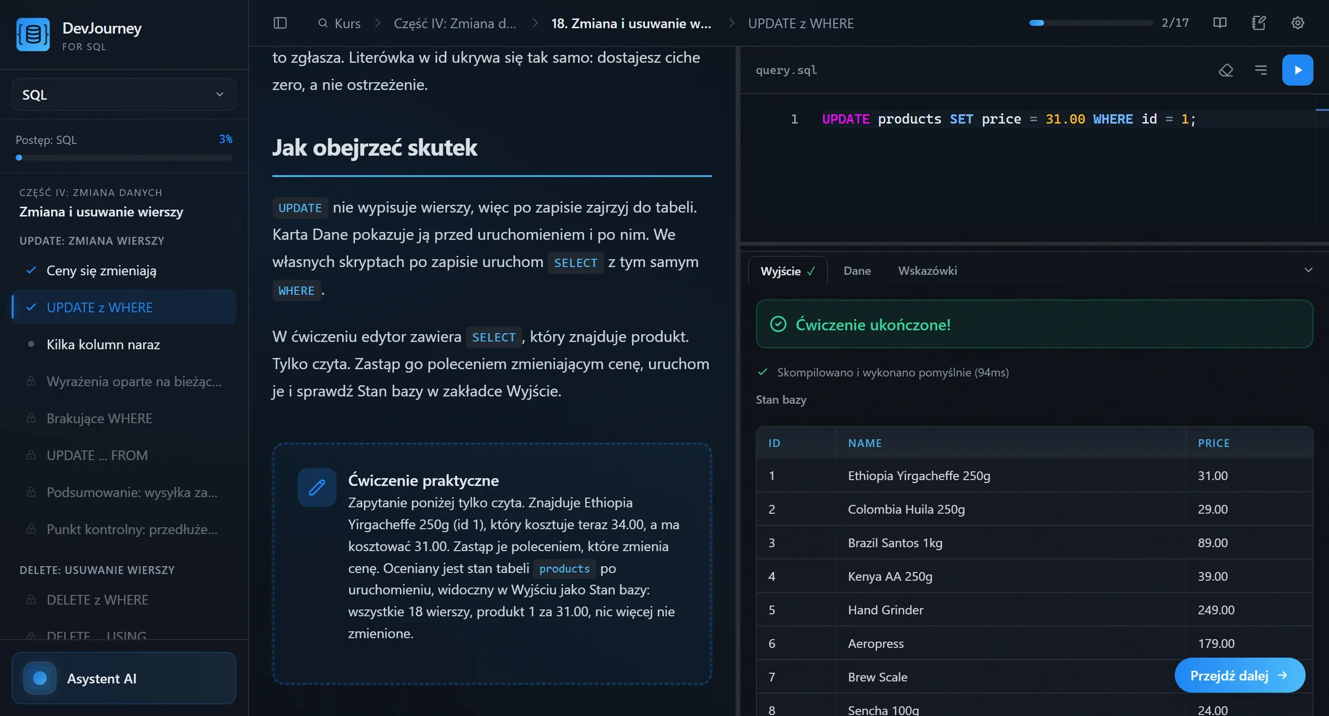 Okno DevJourney for SQL: przełącznik kursów i program po lewej, lekcja pośrodku, edytor zapytań i wynik po prawej