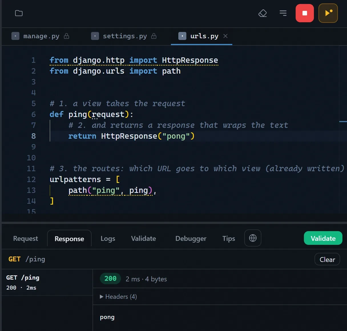 A Django lesson with the response from the app's server