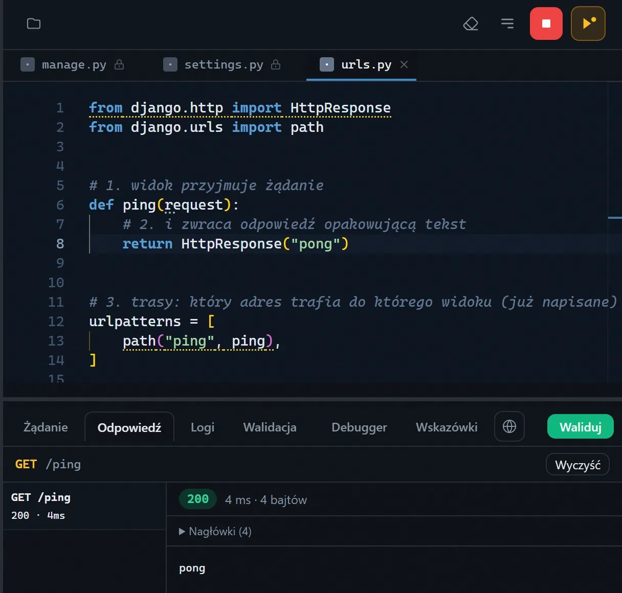 Lekcja Django z odpowiedzią z serwera aplikacji