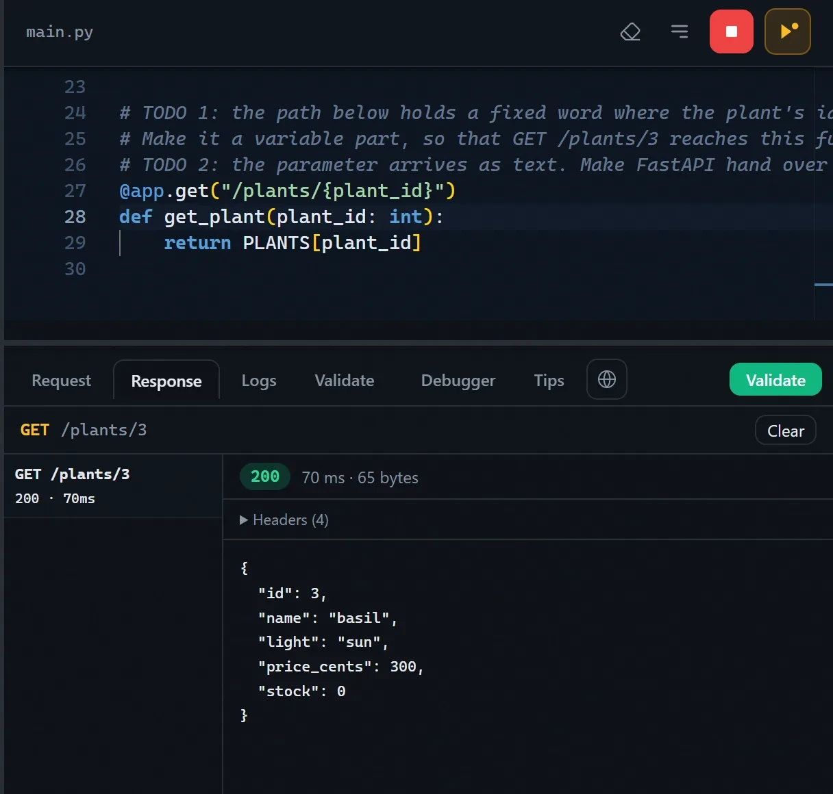 A FastAPI lesson: the server is running and the HTTP client shows the JSON response