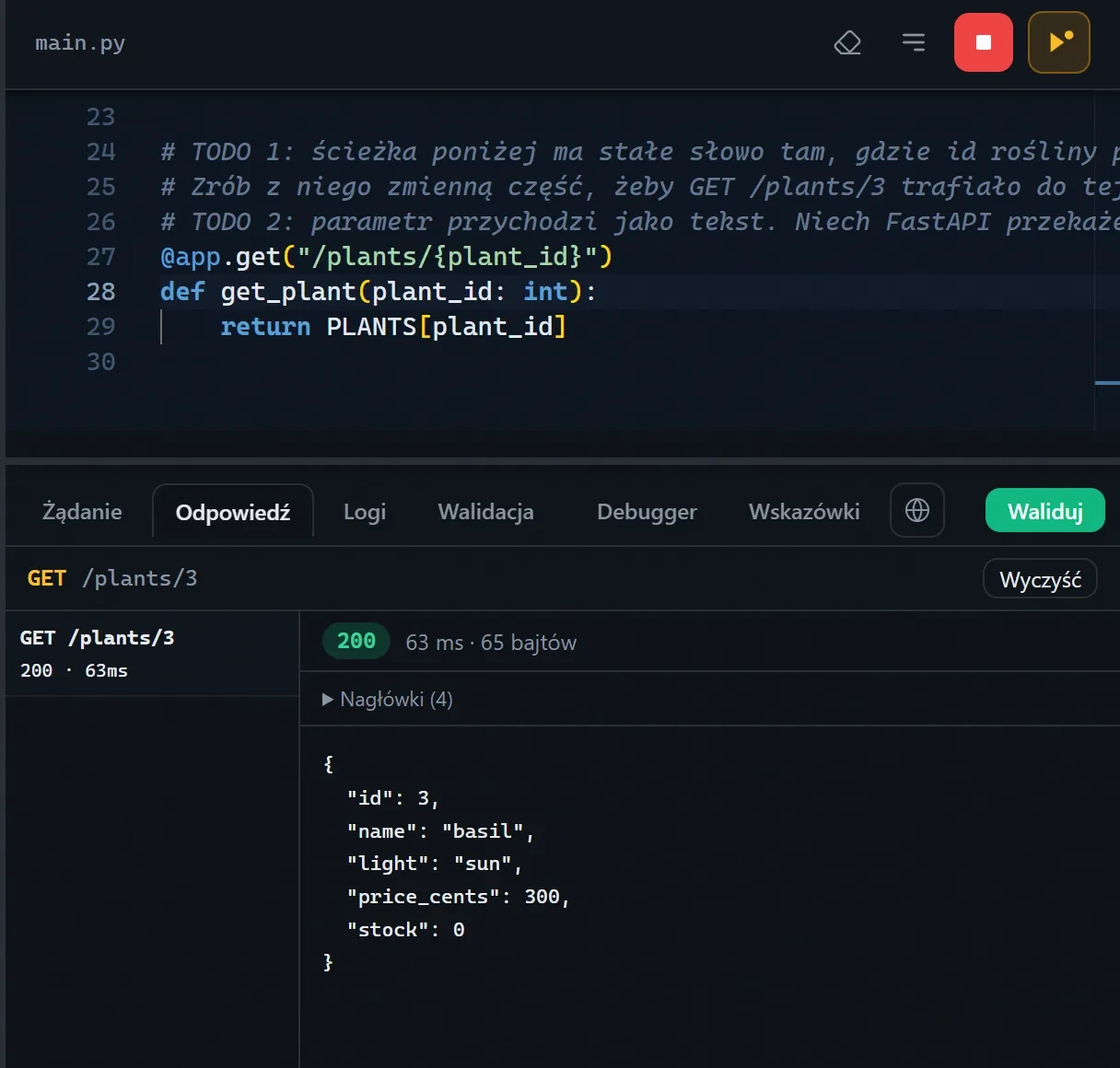 Lekcja FastAPI: serwer działa, a klient HTTP pokazuje odpowiedź w JSON